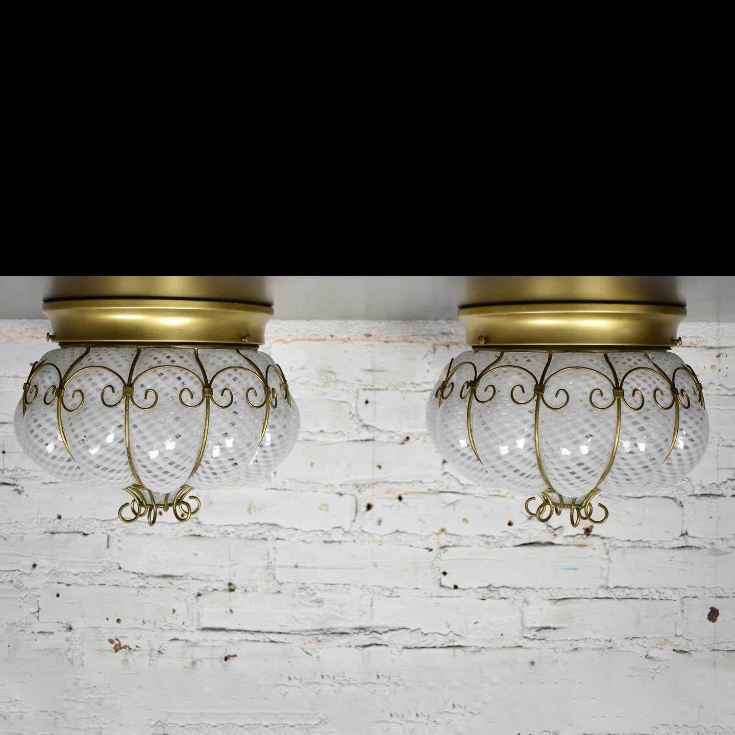 Midcentury Gold & White Caged Venetian Latticino Glass Ceiling Lights or Sconce 9