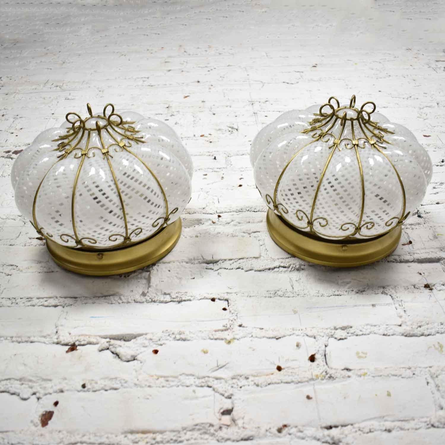Hollywood Regency Midcentury Gold & White Caged Venetian Latticino Glass Ceiling Lights or Sconce