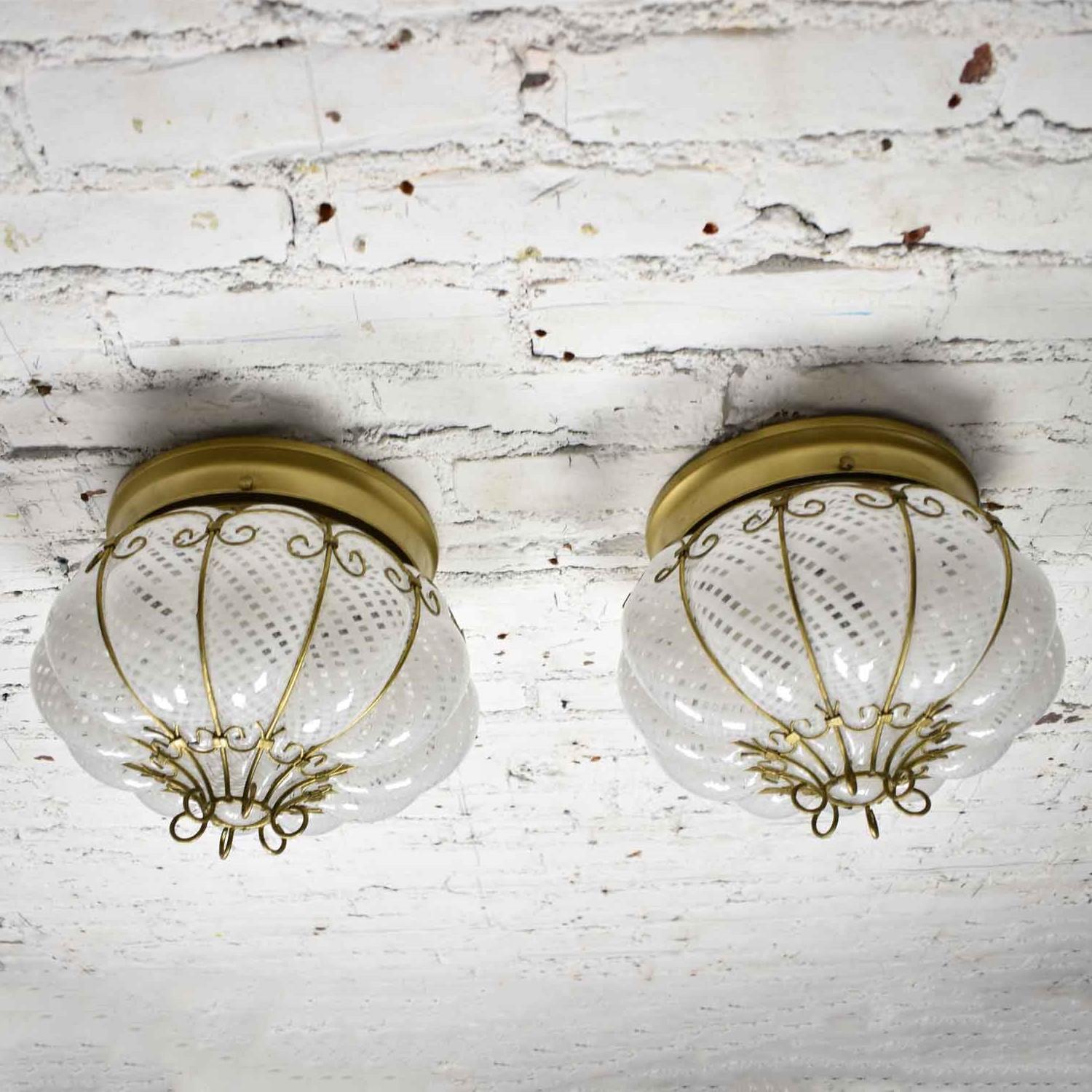 Italian Midcentury Gold & White Caged Venetian Latticino Glass Ceiling Lights or Sconce