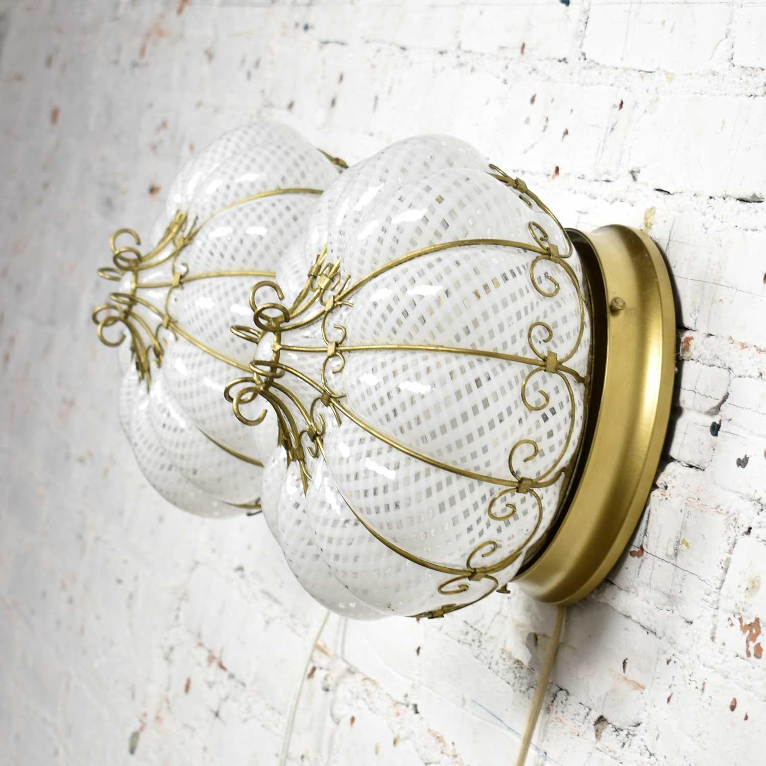 20th Century Midcentury Gold & White Caged Venetian Latticino Glass Ceiling Lights or Sconce