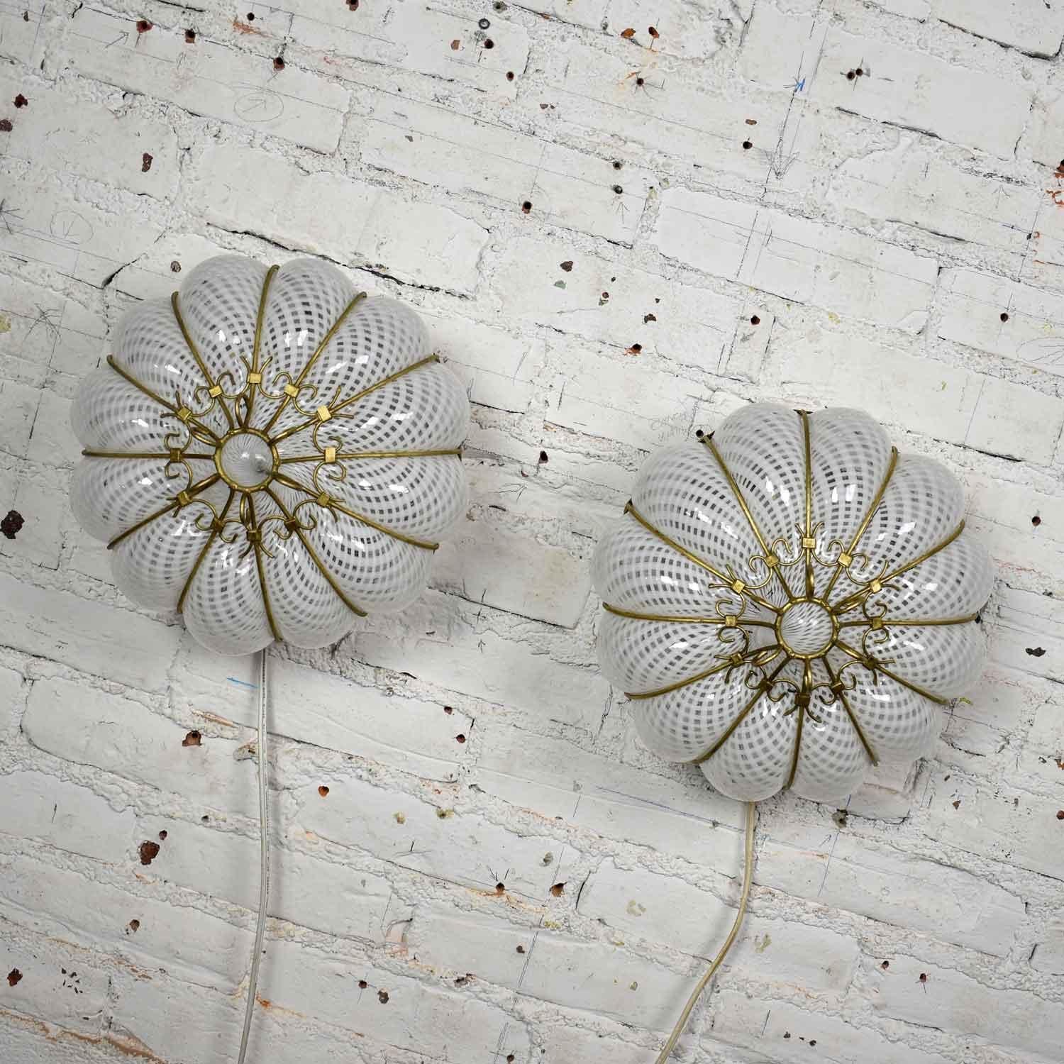 Blown Glass Midcentury Gold & White Caged Venetian Latticino Glass Ceiling Lights or Sconce