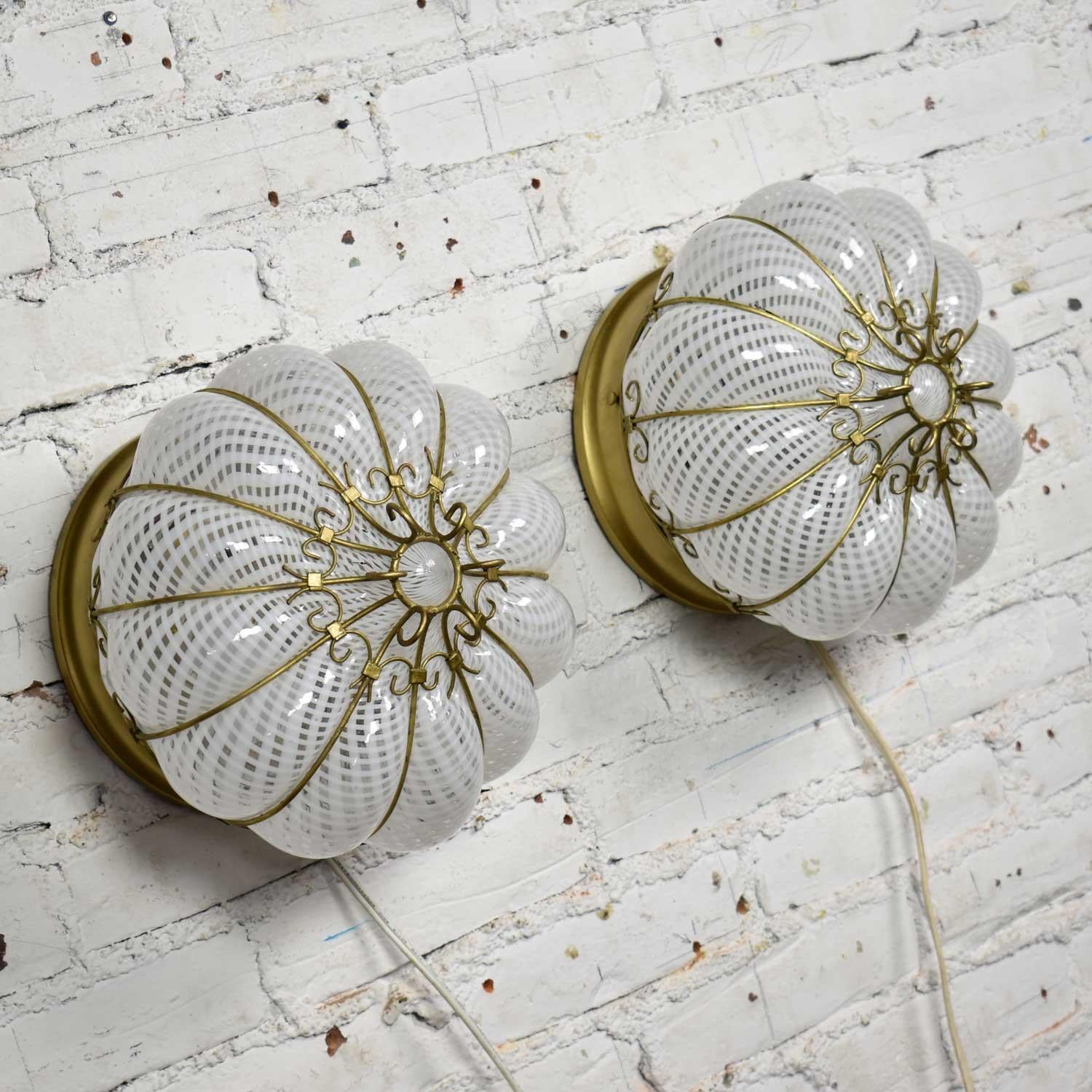 Midcentury Gold & White Caged Venetian Latticino Glass Ceiling Lights or Sconce 2