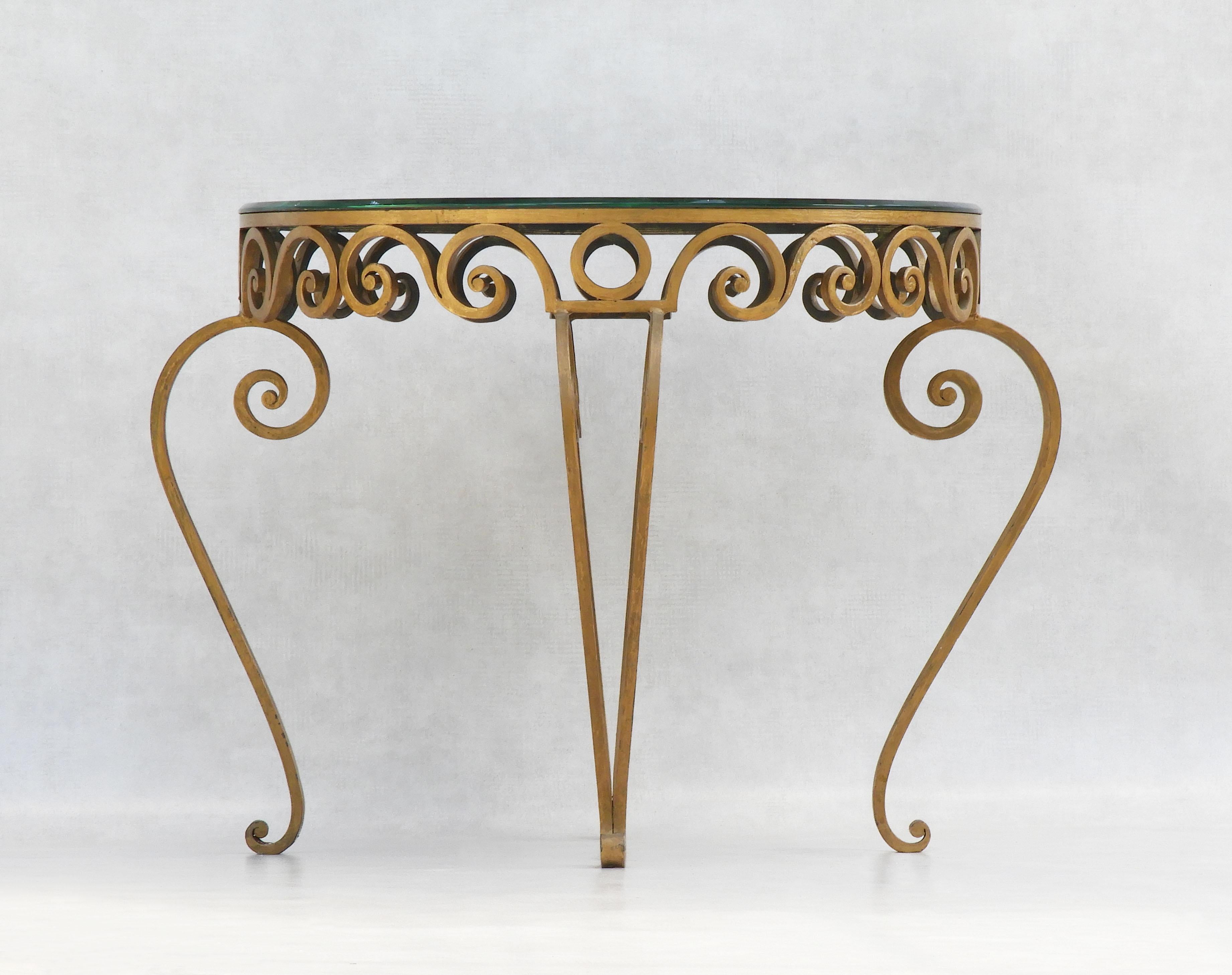Hollywood Regency Mid Century Gold Wrought Iron and Mirror Top Table C1950 France For Sale