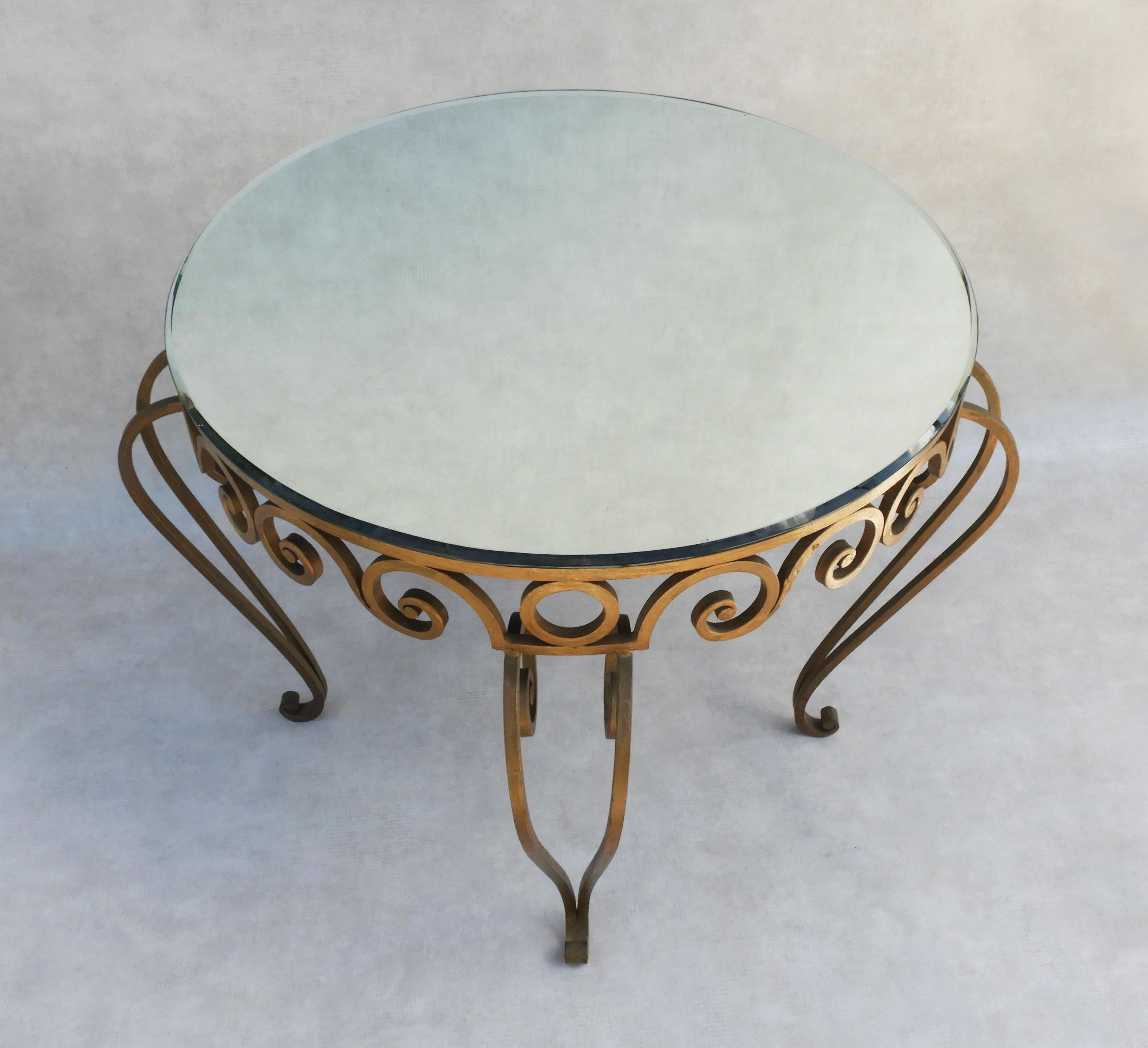 French Mid Century Gold Wrought Iron and Mirror Top Table C1950 France For Sale