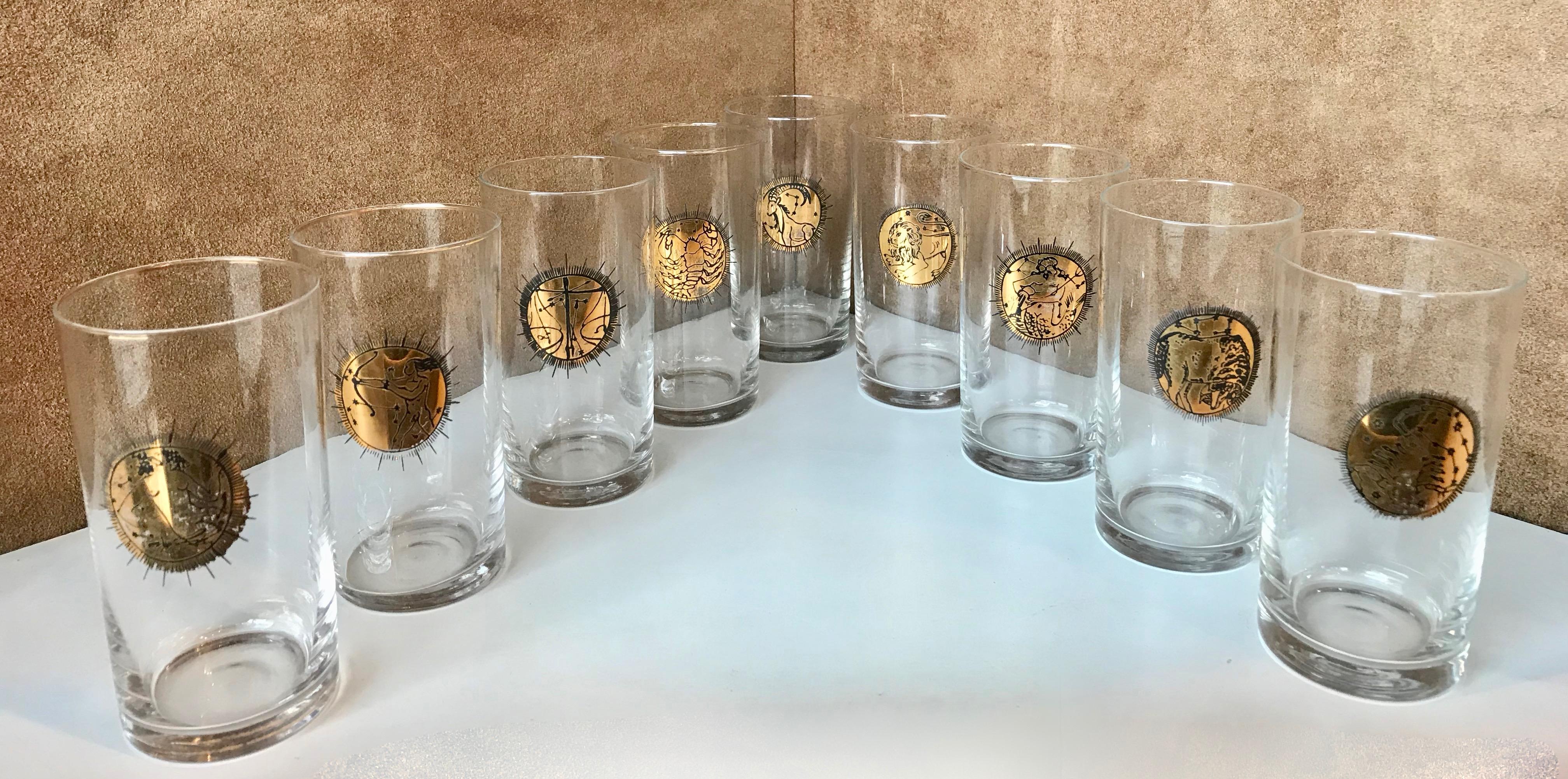 Mid-Century Modern Midcentury Gold Zodiacal Characters  S/8 Glasses , Italy 1960s For Sale