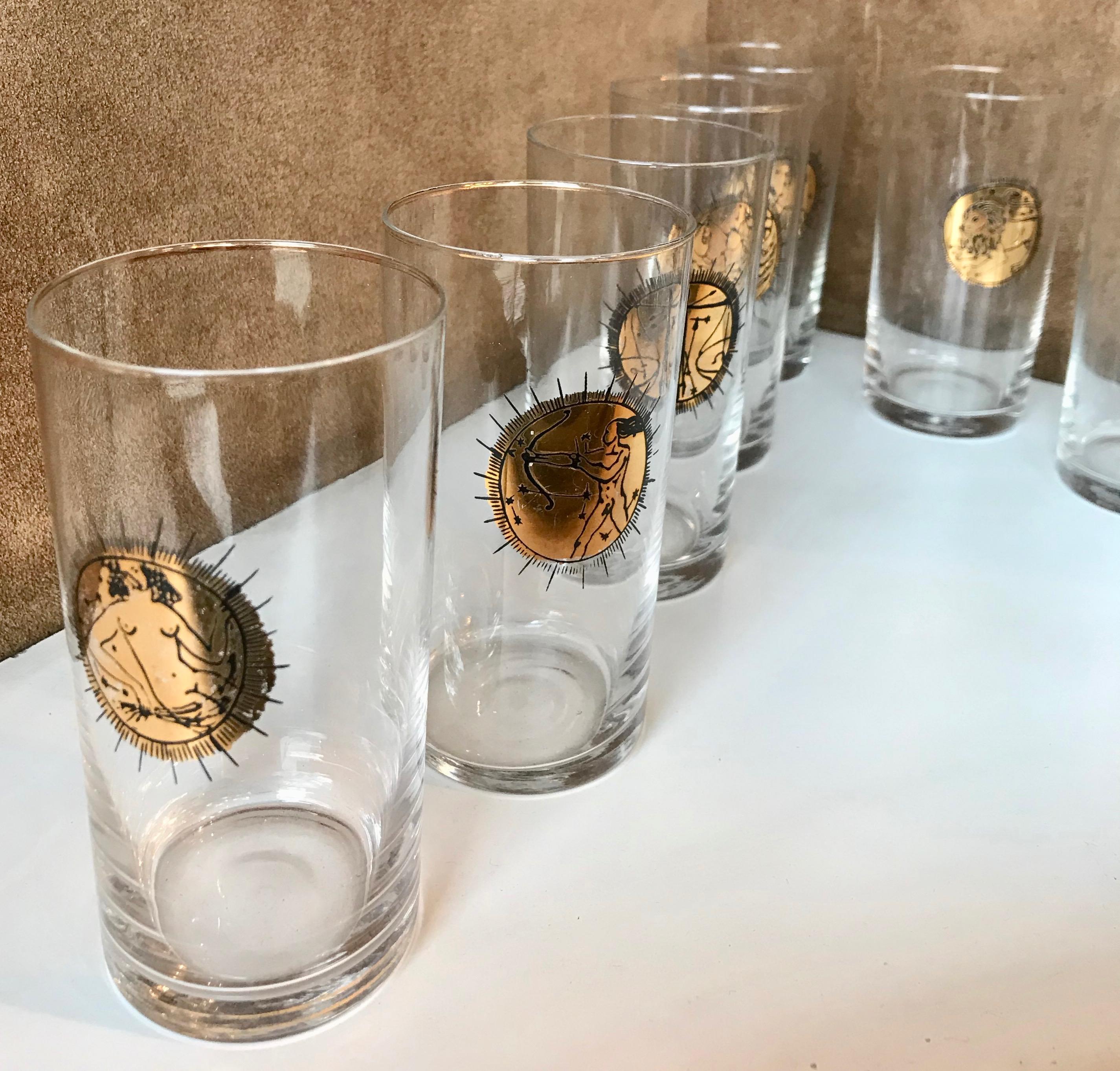Midcentury Gold Zodiacal Characters  S/8 Glasses , Italy 1960s For Sale 1