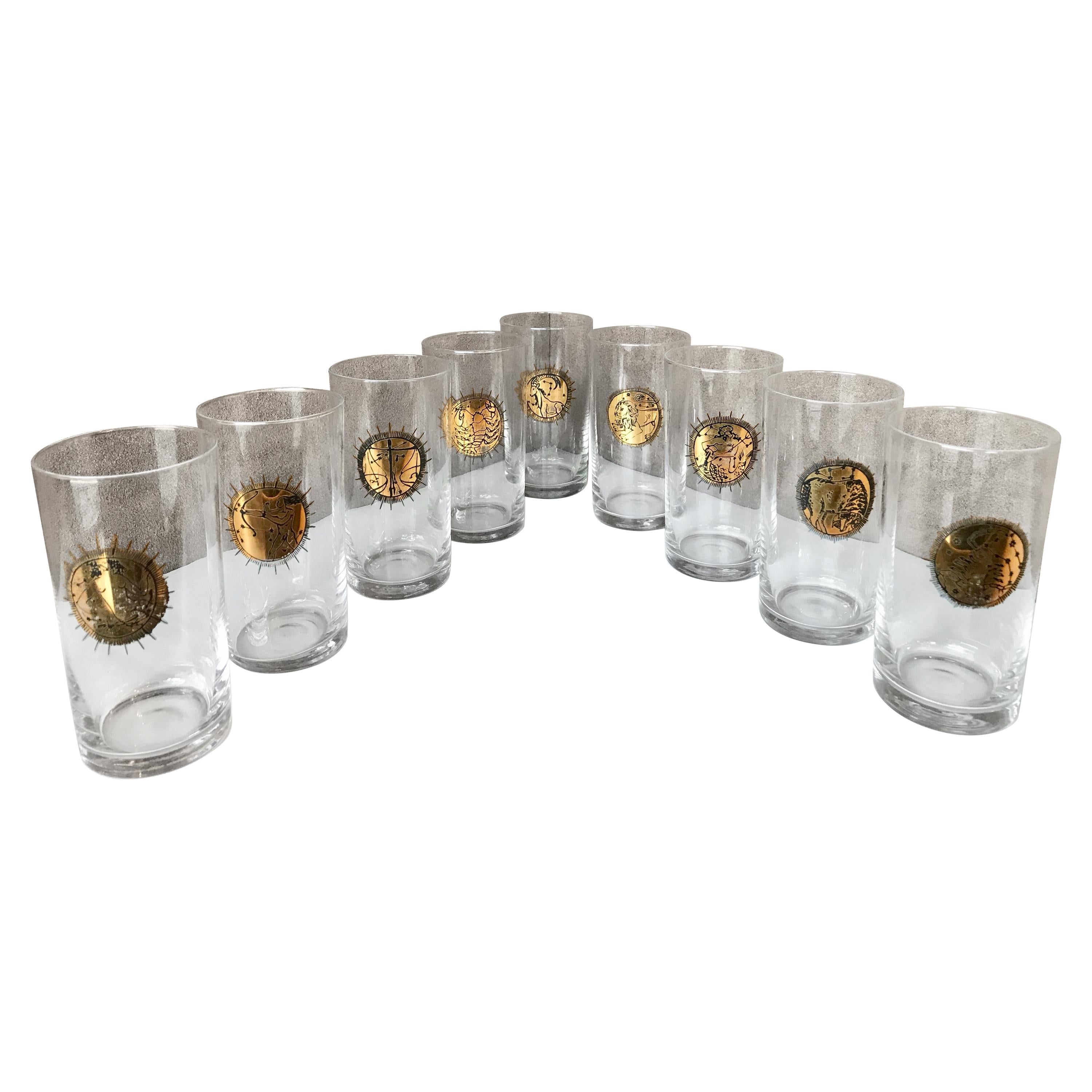 Midcentury Gold Zodiacal Characters  S/8 Glasses , Italy 1960s For Sale