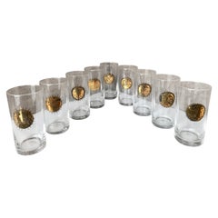 Midcentury Gold Zodiacal Characters  S/8 Glasses , Italy 1960s