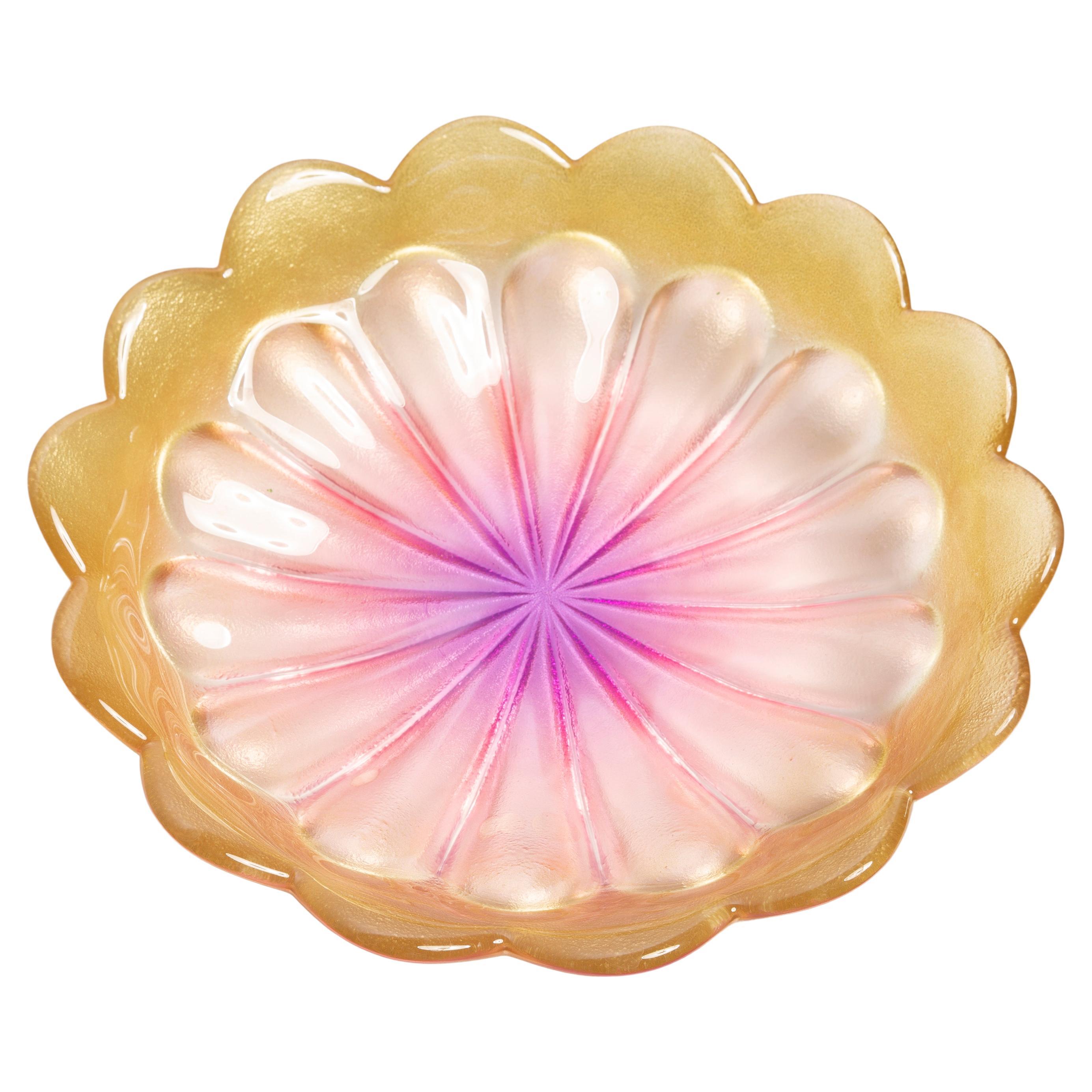 Mid-Century Golden and Pink Decorative Glass Flower Plate, Italy, 1960s For Sale
