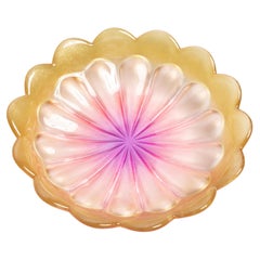 Mid-Century Golden and Pink Decorative Glass Flower Plate, Italy, 1960s