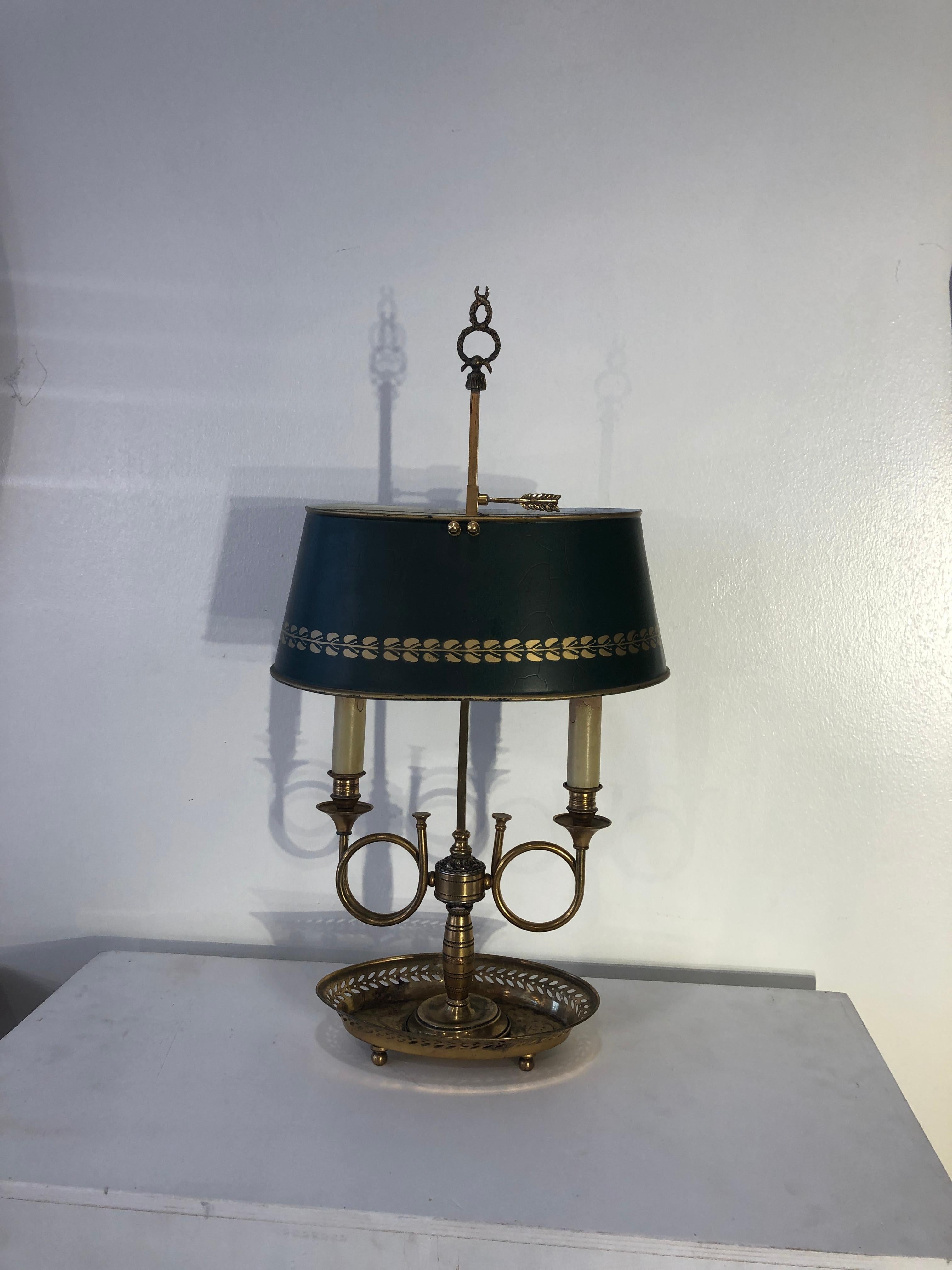Mid Century Golden Bronze and Metal Dark Green Lamp-Shade Bouillotte Lamp 6