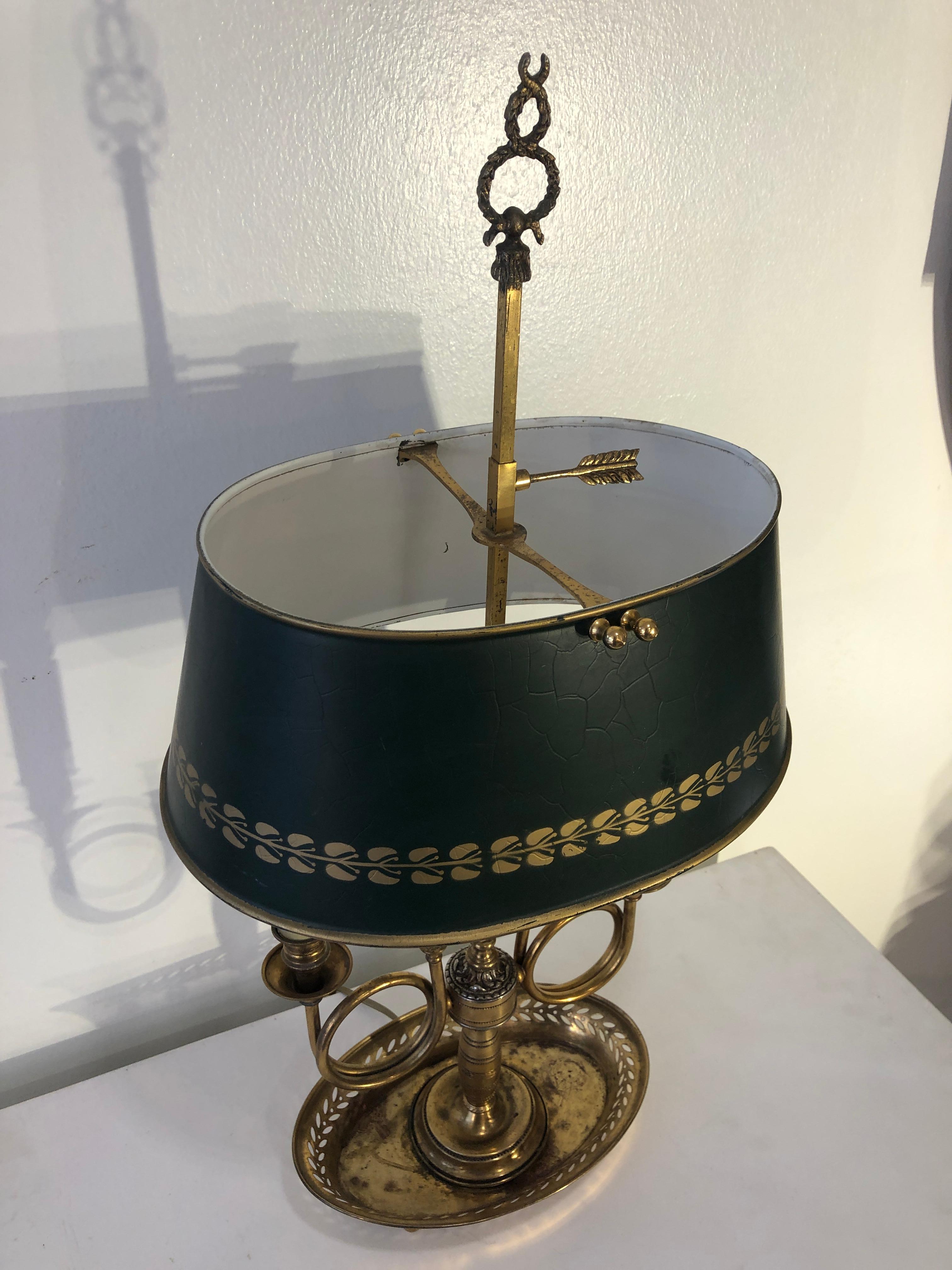 Mid Century Golden Bronze and Metal Dark Green Lamp-Shade Bouillotte Lamp 7