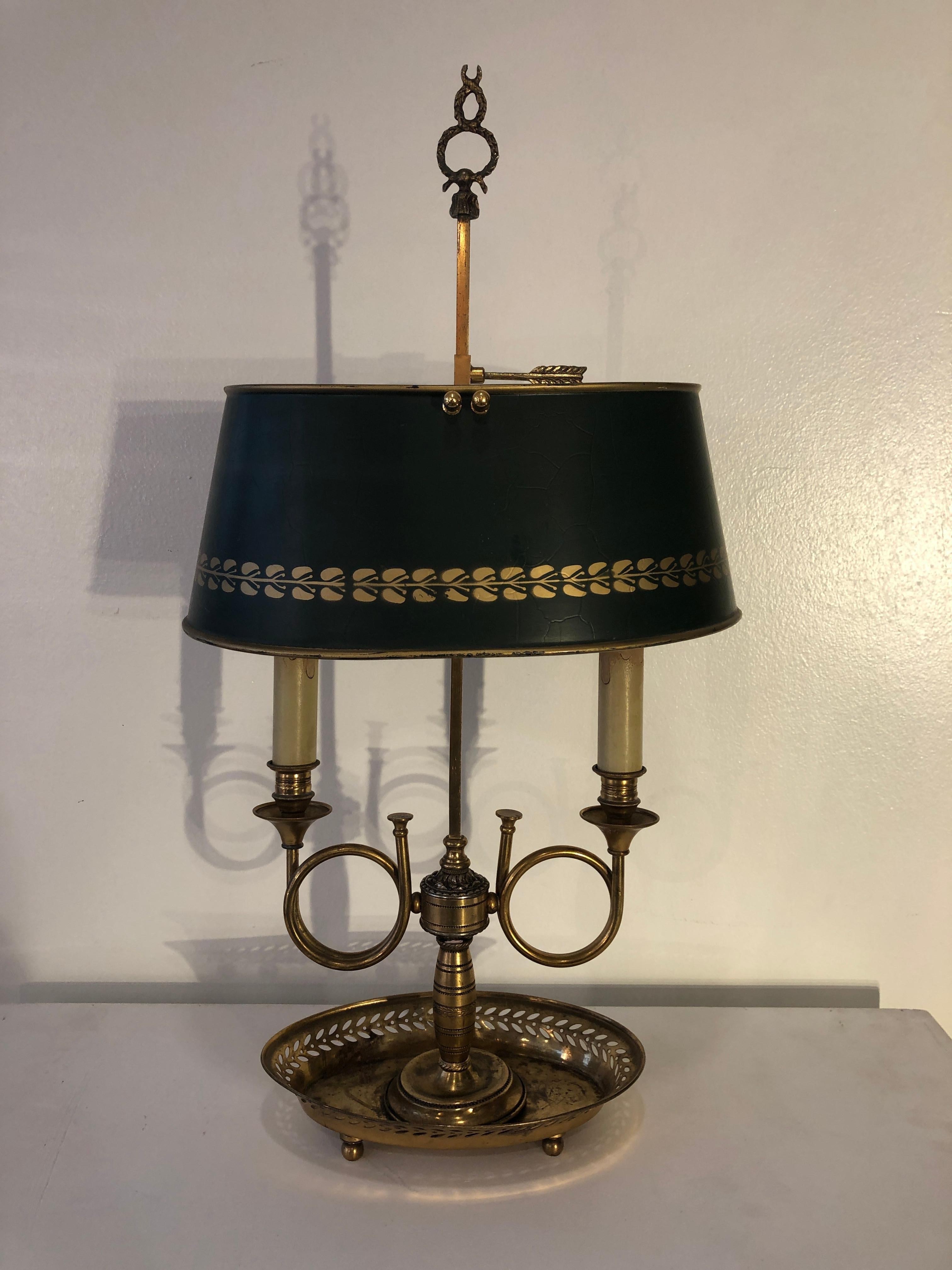 Empire Mid Century Golden Bronze and Metal Dark Green Lamp-Shade Bouillotte Lamp