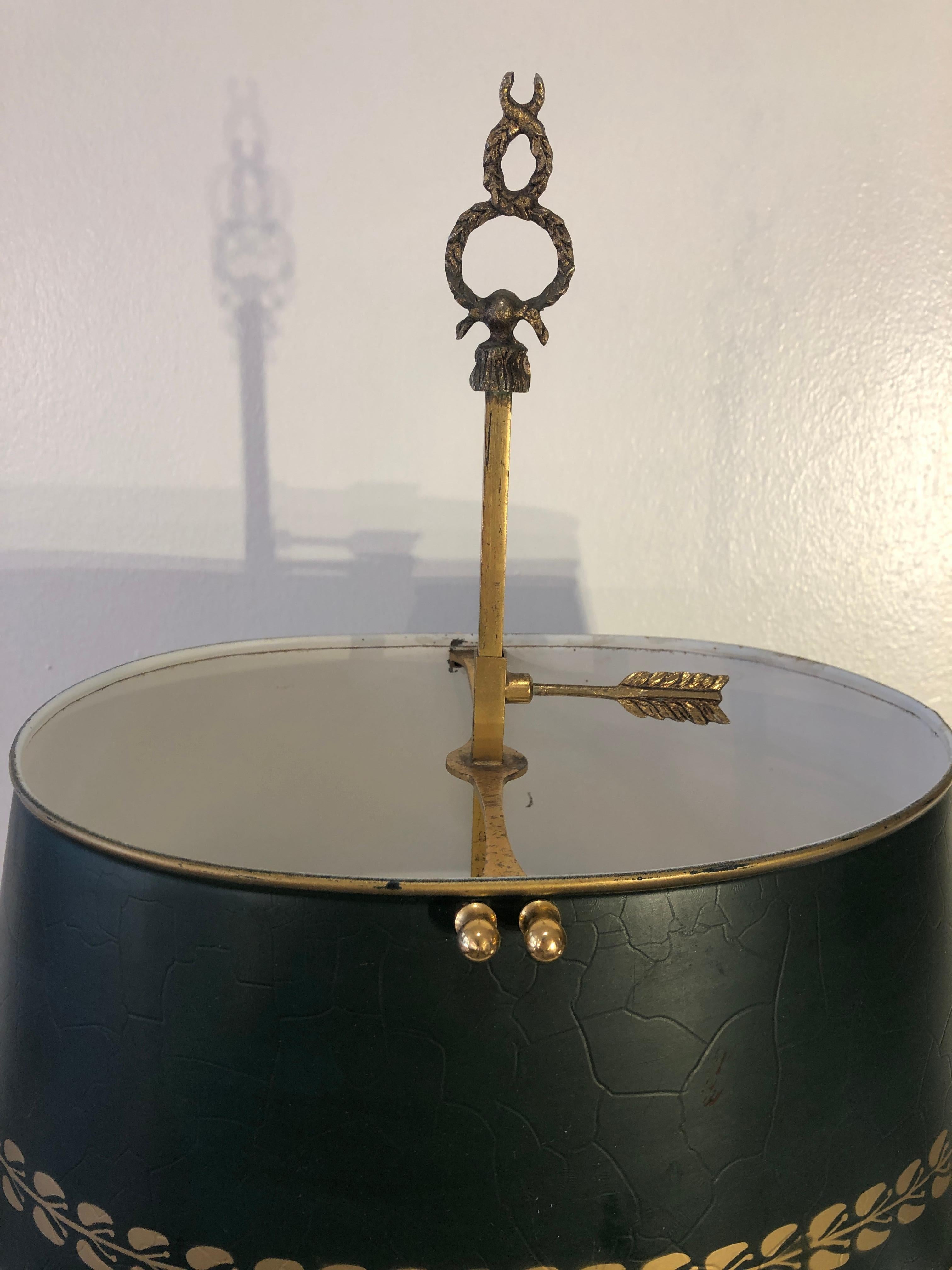 20th Century Mid Century Golden Bronze and Metal Dark Green Lamp-Shade Bouillotte Lamp