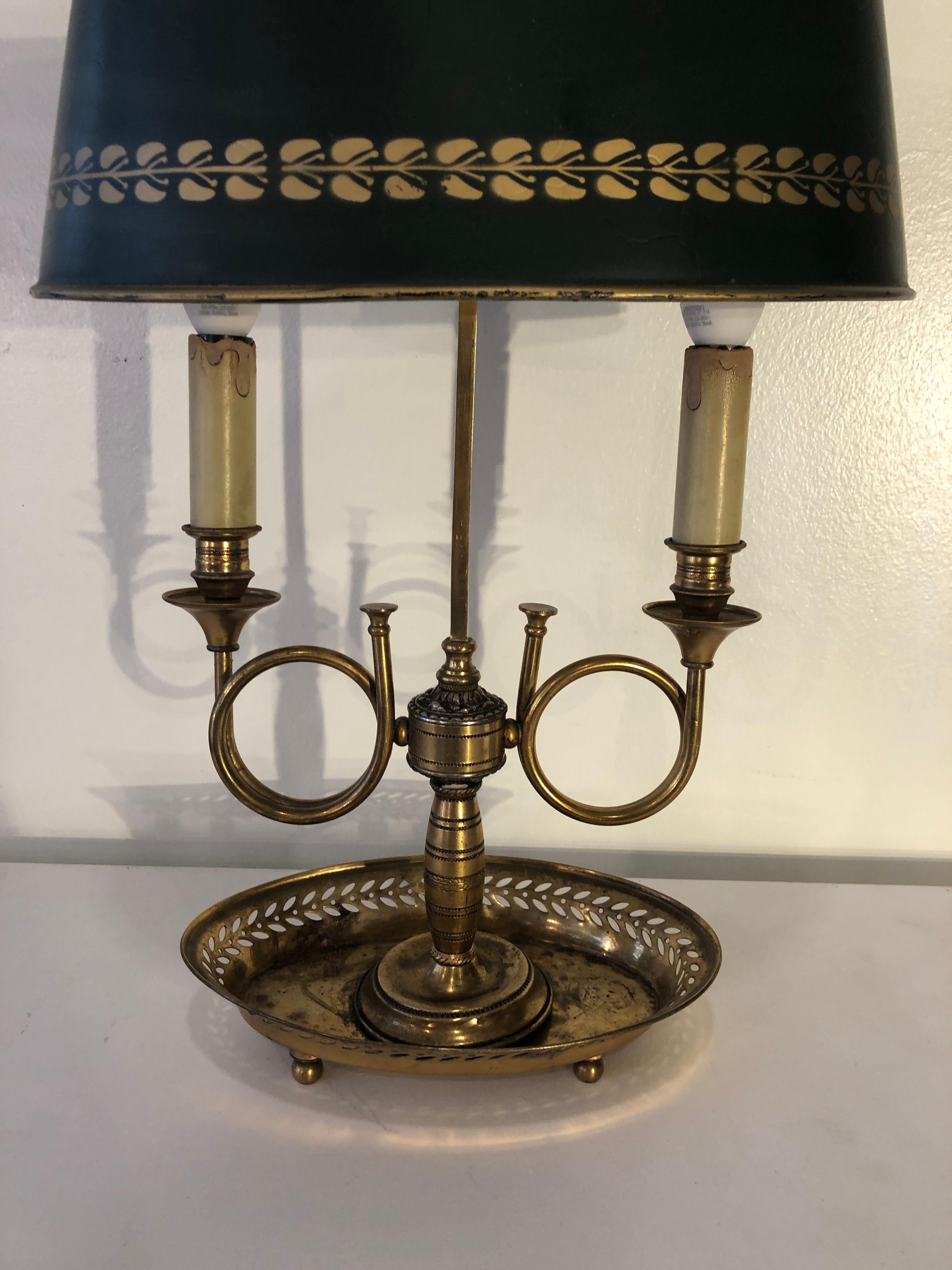 Mid Century Golden Bronze and Metal Dark Green Lamp-Shade Bouillotte Lamp 3