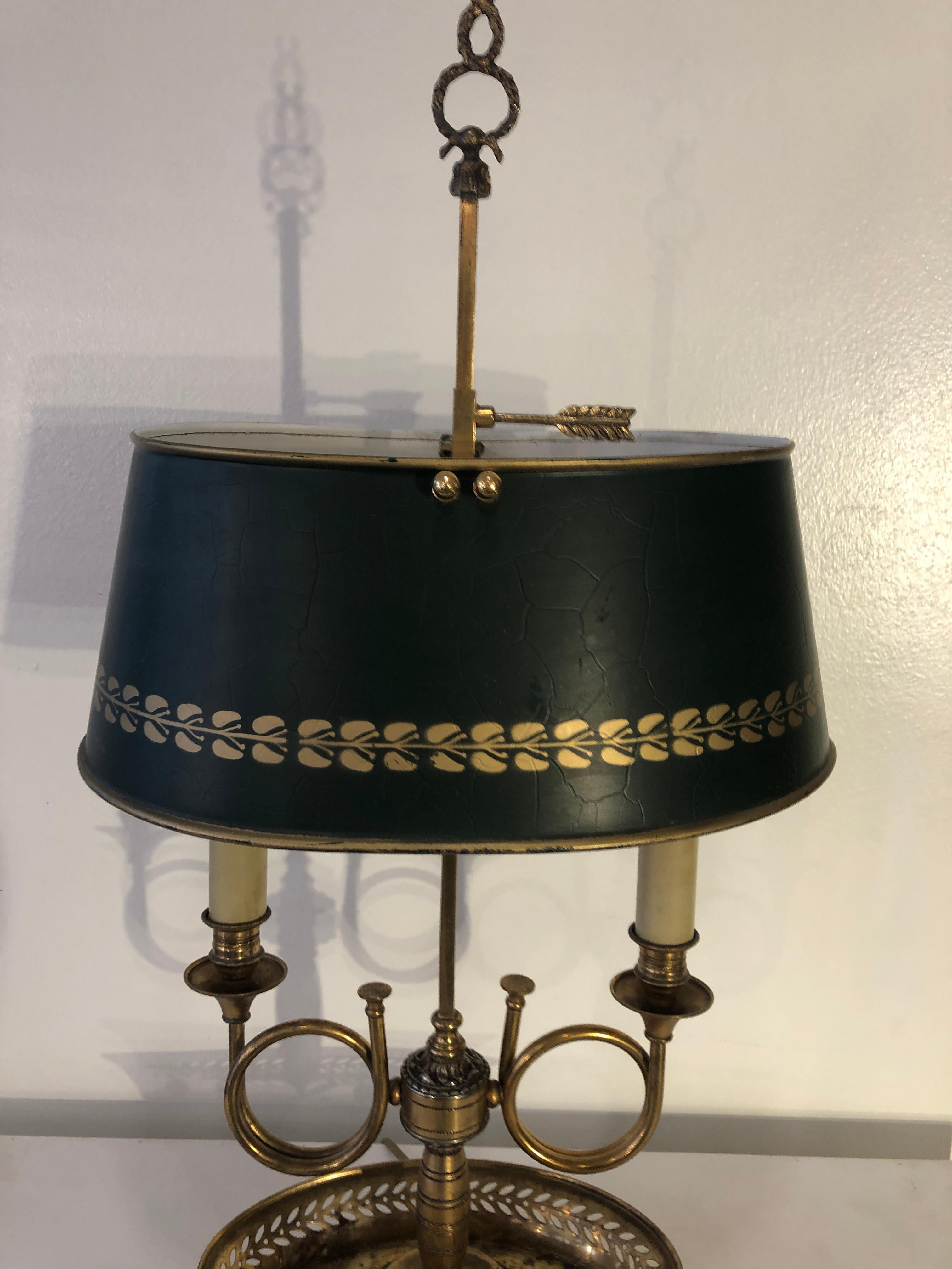 Mid Century Golden Bronze and Metal Dark Green Lamp-Shade Bouillotte Lamp 4
