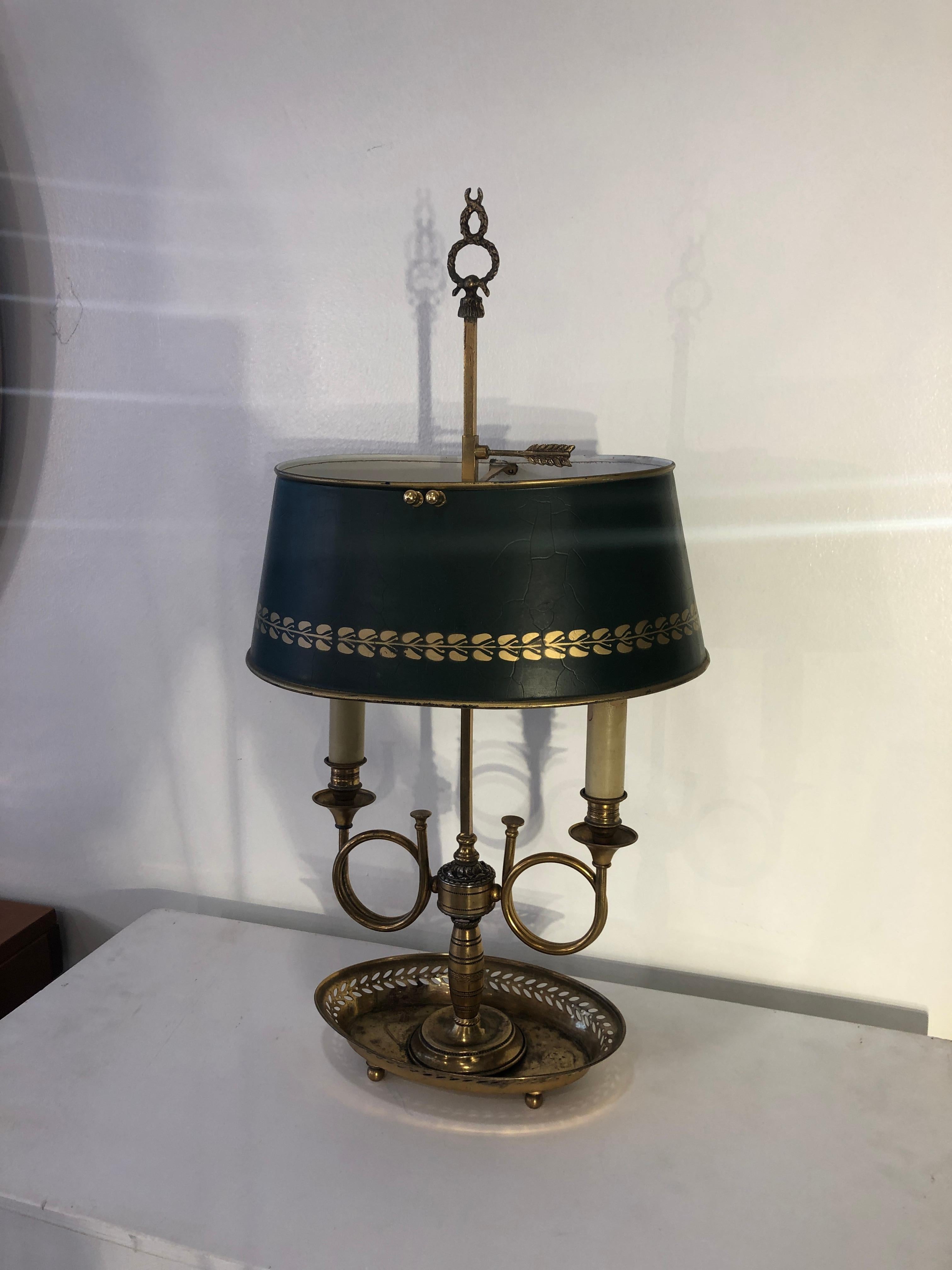 Mid Century Golden Bronze and Metal Dark Green Lamp-Shade Bouillotte Lamp 5