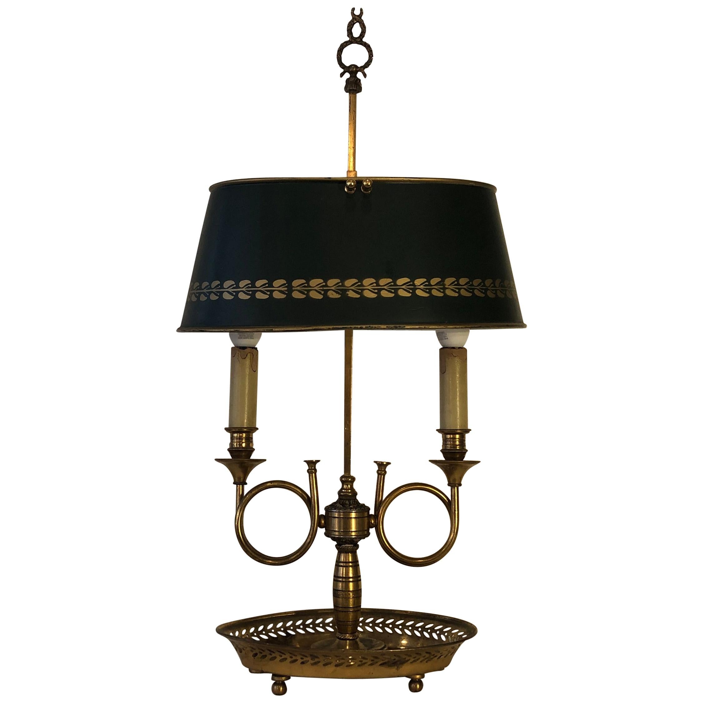 Mid Century Golden Bronze and Metal Dark Green Lamp-Shade Bouillotte Lamp
