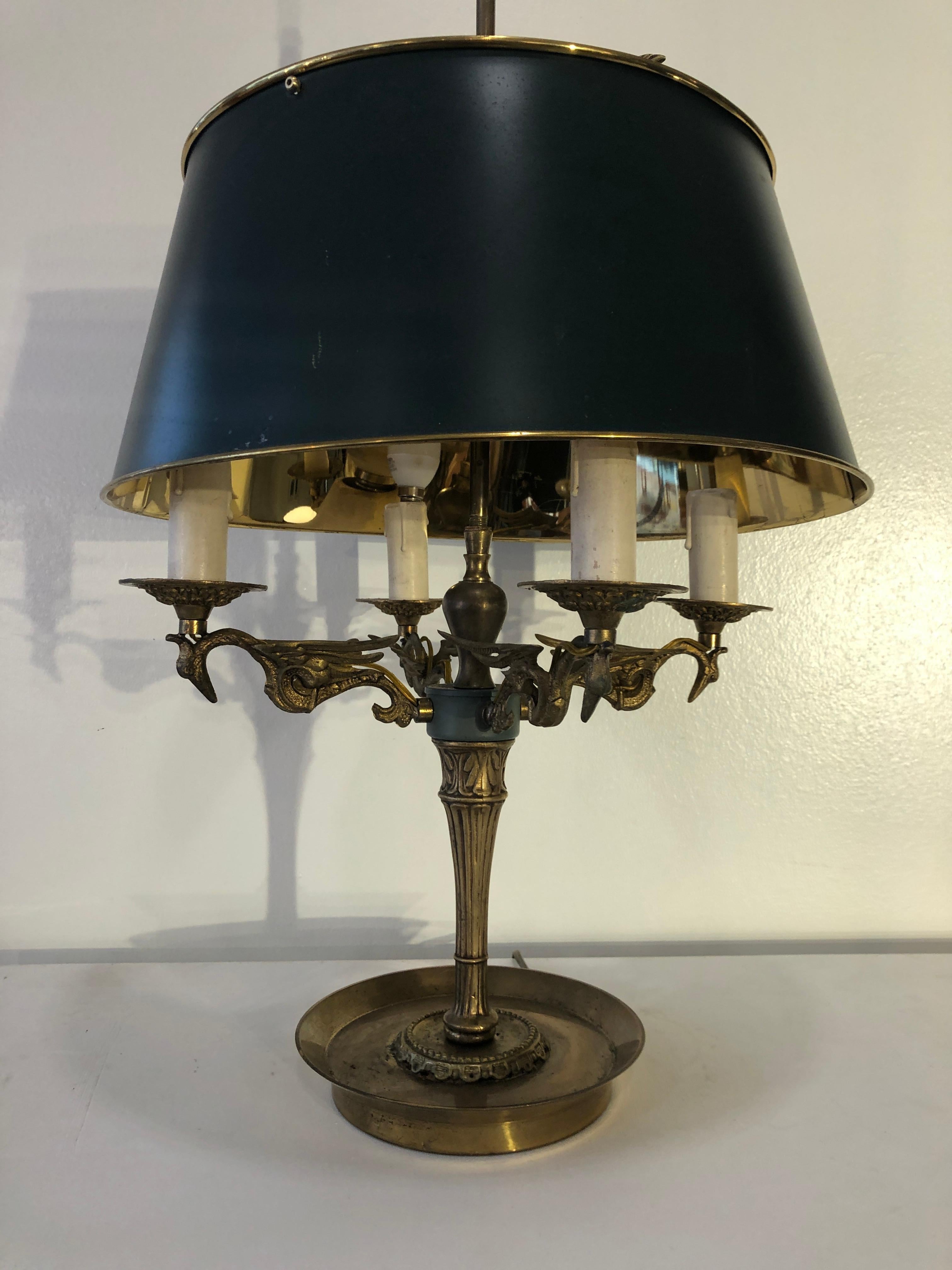 Empire Mid Century Golden Bronze and Metal Dark Green Rounded Lampshade Bouillotte Lamp