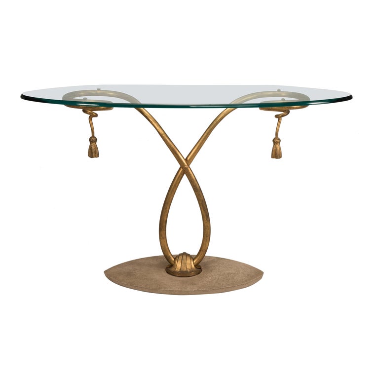 Midcentury Golden Iron Structure and Oval Original Glass Top Table
