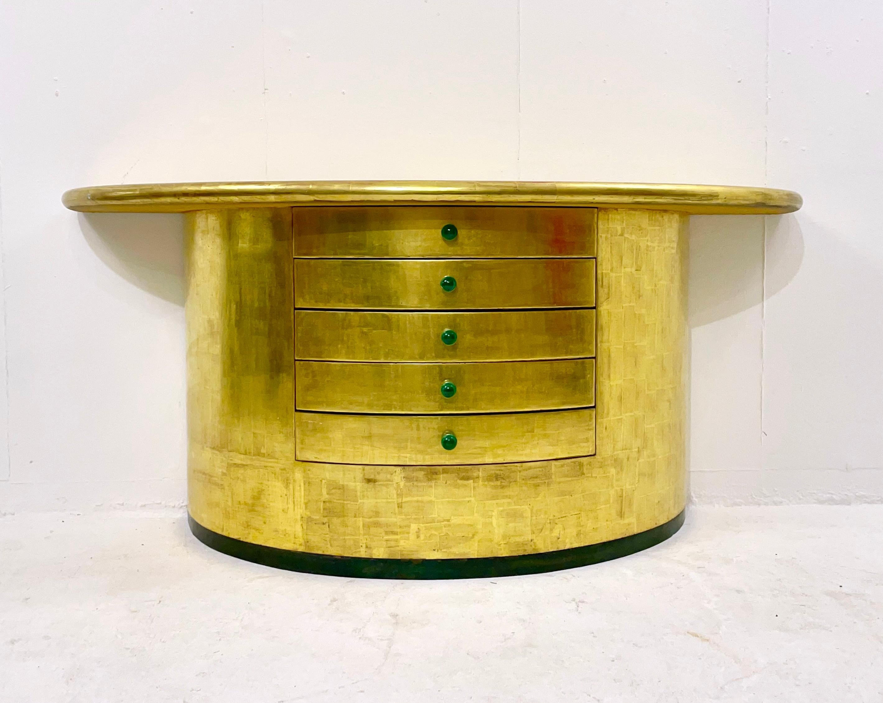 Mid-century golden leaves and Malachite cuffs demi-lune console with drawers - 1980s.