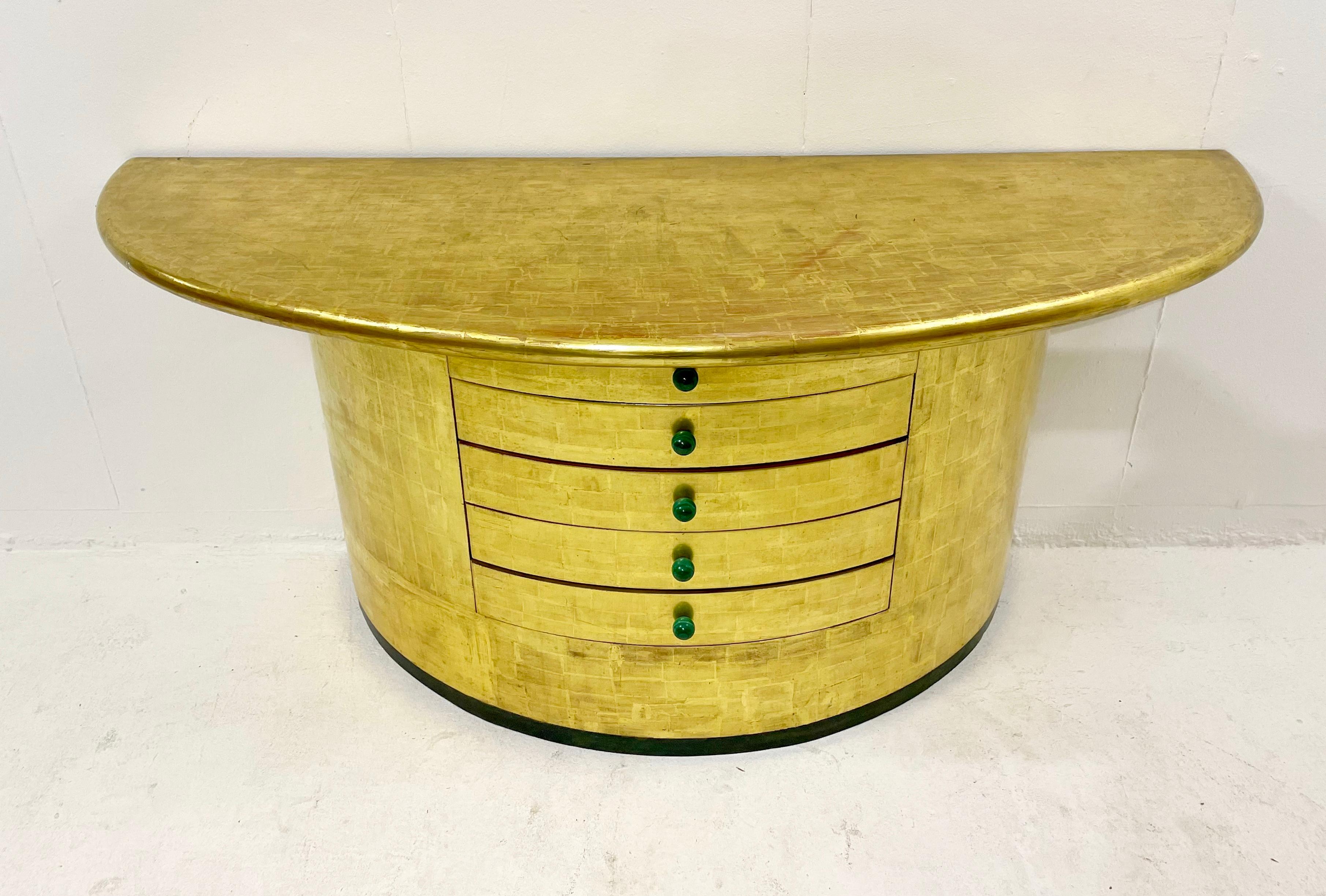 Italian Mid-Century Golden Leaves and Malachite Cuffs Demi-Lune Console with Drawers  For Sale