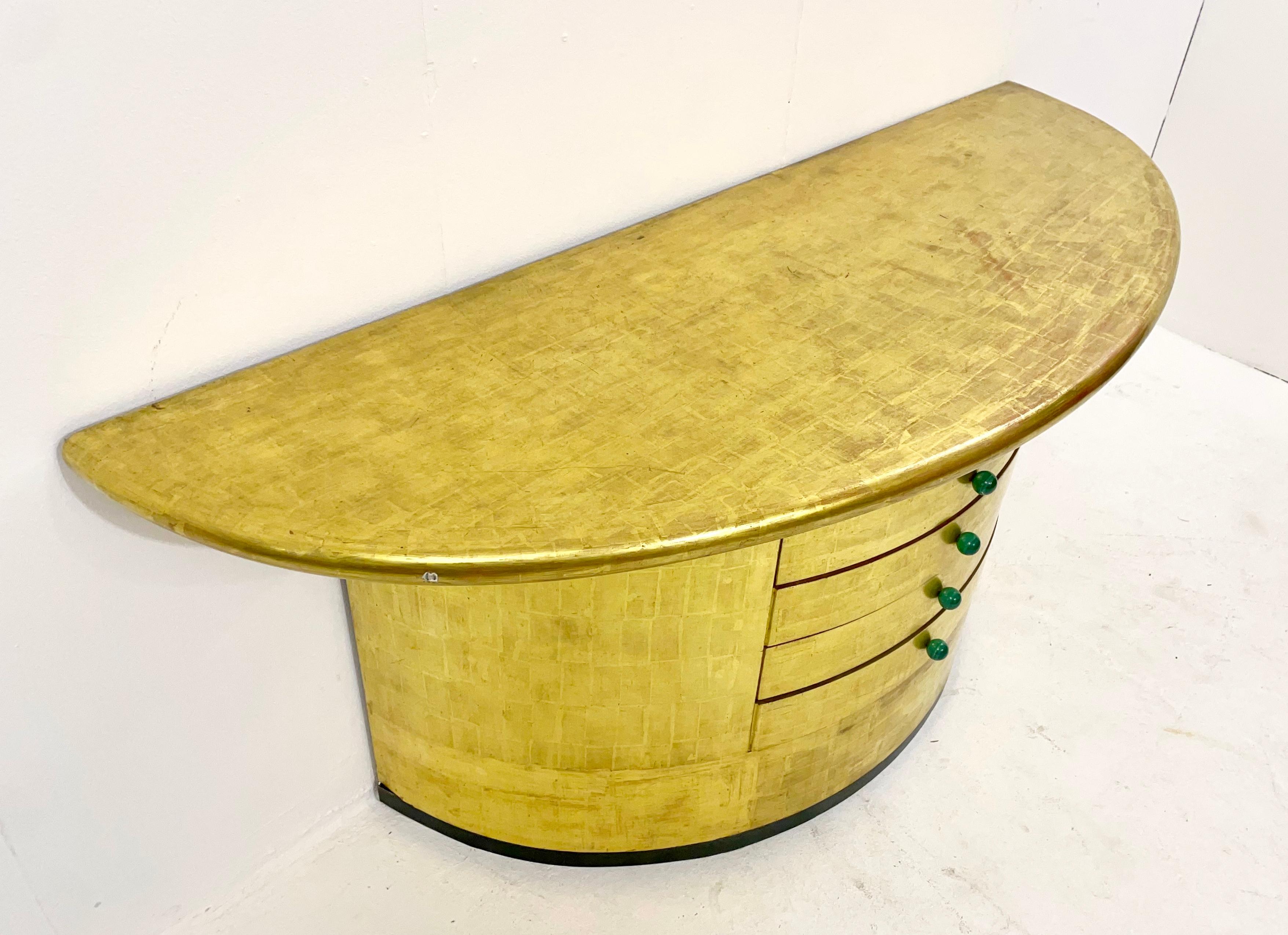 Mid-Century Golden Leaves and Malachite Cuffs Demi-Lune Console with Drawers  In Good Condition For Sale In Brussels, BE