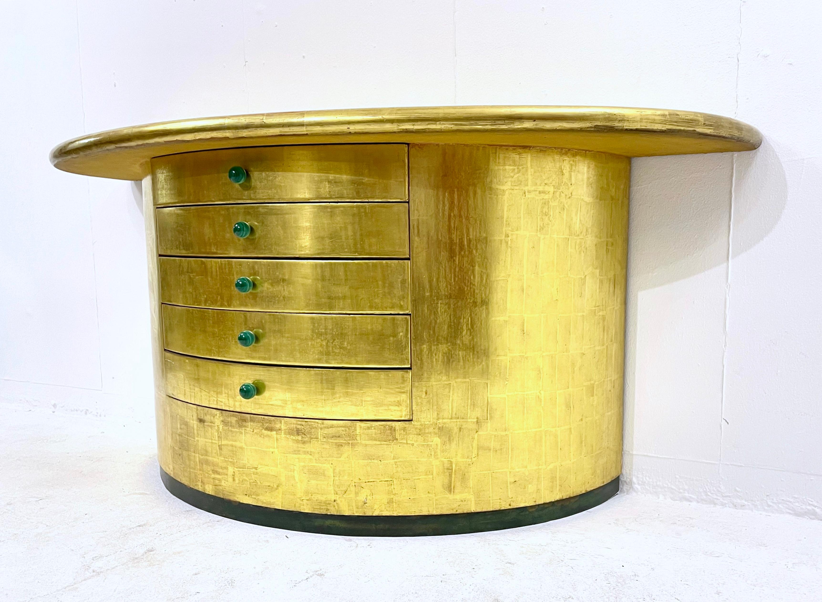 Late 20th Century Mid-Century Golden Leaves and Malachite Cuffs Demi-Lune Console with Drawers  For Sale