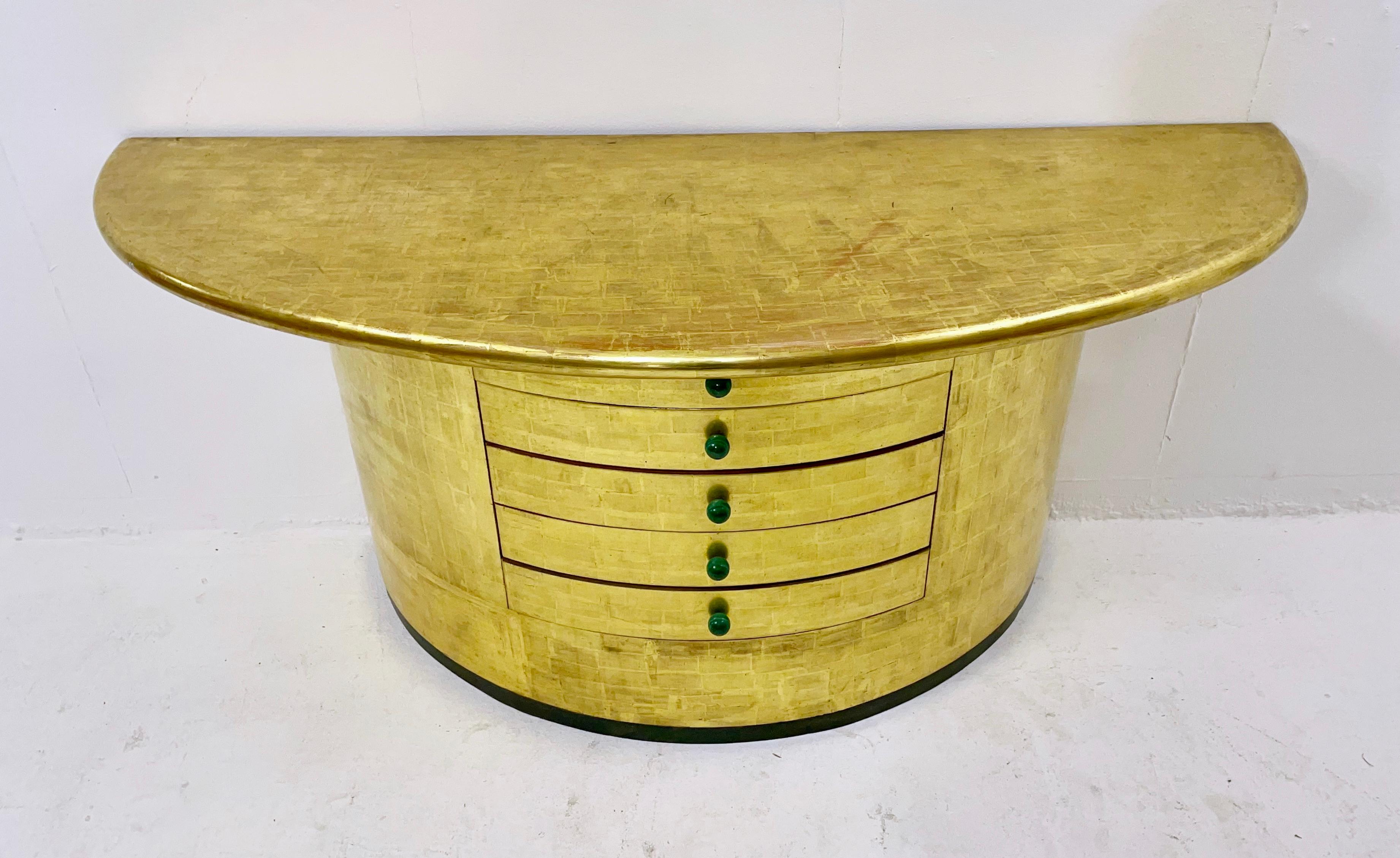 Mid-Century Golden Leaves and Malachite Cuffs Demi-Lune Console with Drawers  For Sale 1