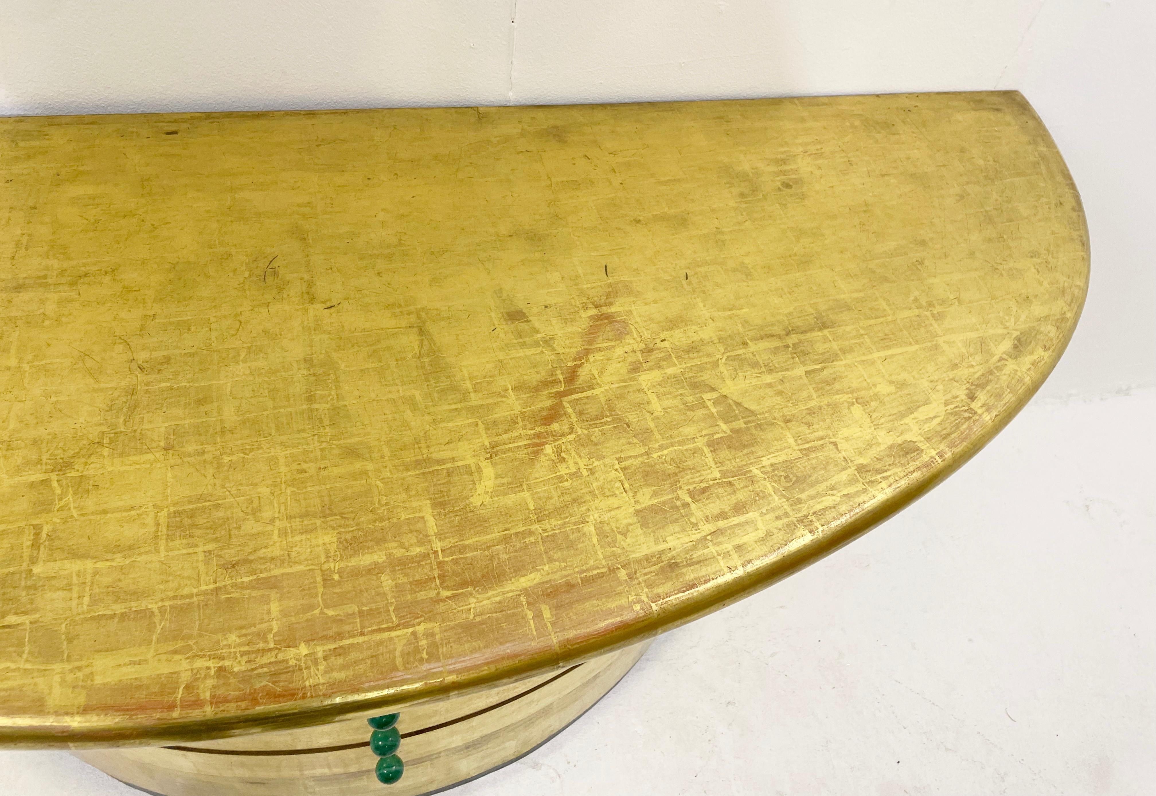 Mid-Century Golden Leaves and Malachite Cuffs Demi-Lune Console with Drawers  For Sale 2