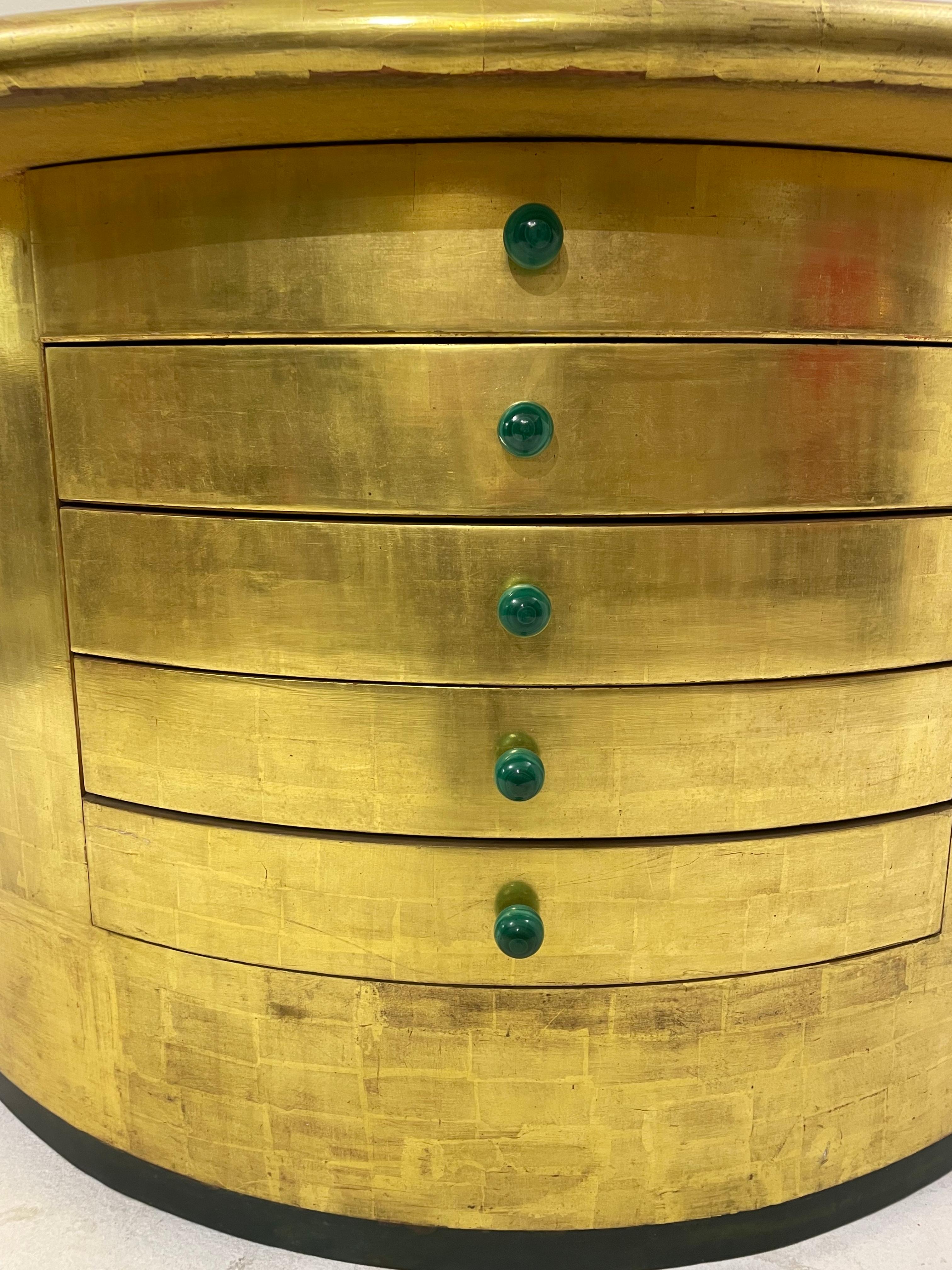 Mid-Century Golden Leaves and Malachite Cuffs Demi-Lune Console with Drawers  For Sale 3