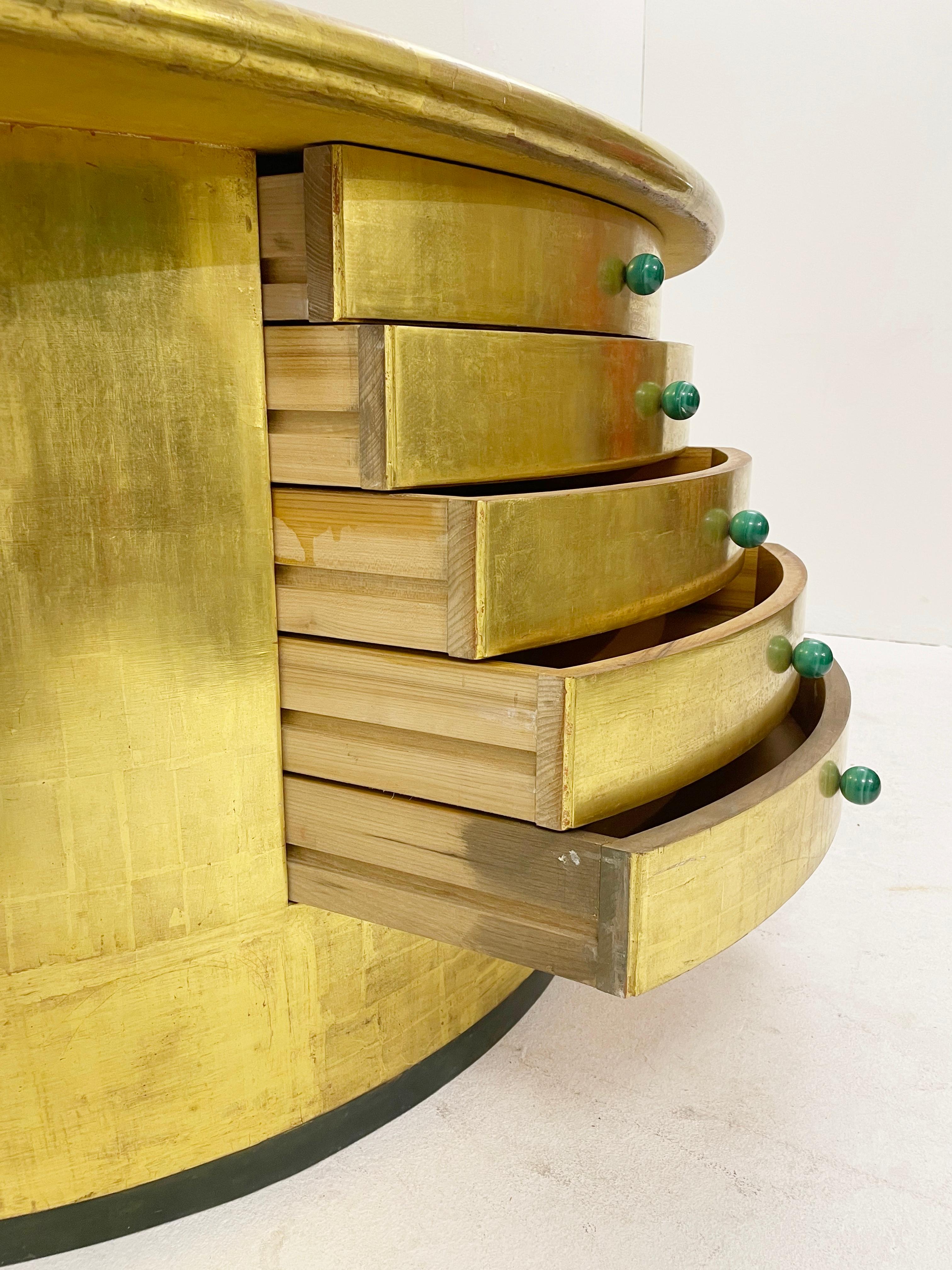 Mid-Century Golden Leaves and Malachite Cuffs Demi-Lune Console with Drawers  For Sale 4