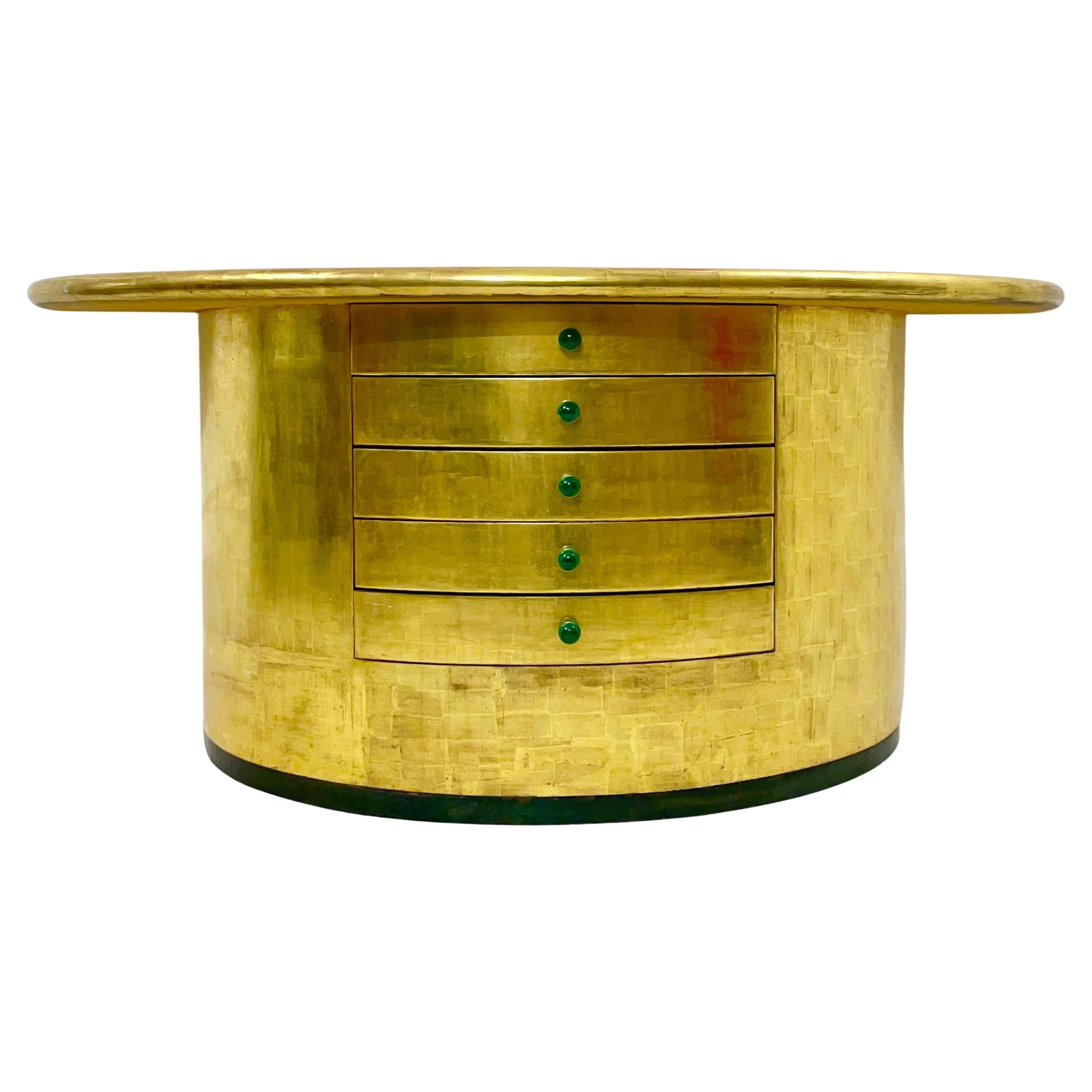 Mid-Century Golden Leaves and Malachite Cuffs Demi-Lune Console with Drawers  For Sale