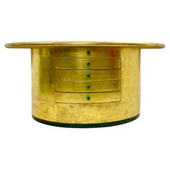 Mid-Century Golden Leaves and Malachite Cuffs Demi-Lune Console with Drawers 