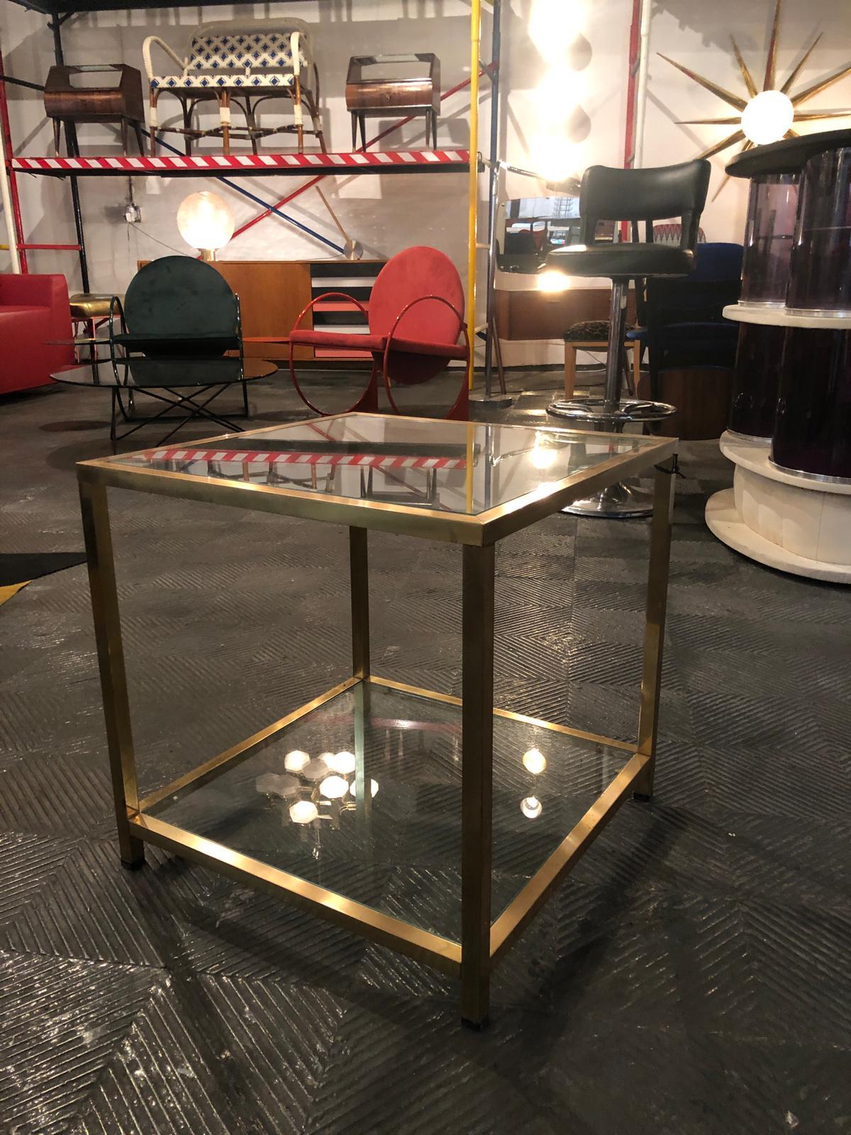 Late 20th Century Midcentury Golden Square Brass and Glass Side French Table, France, 1970