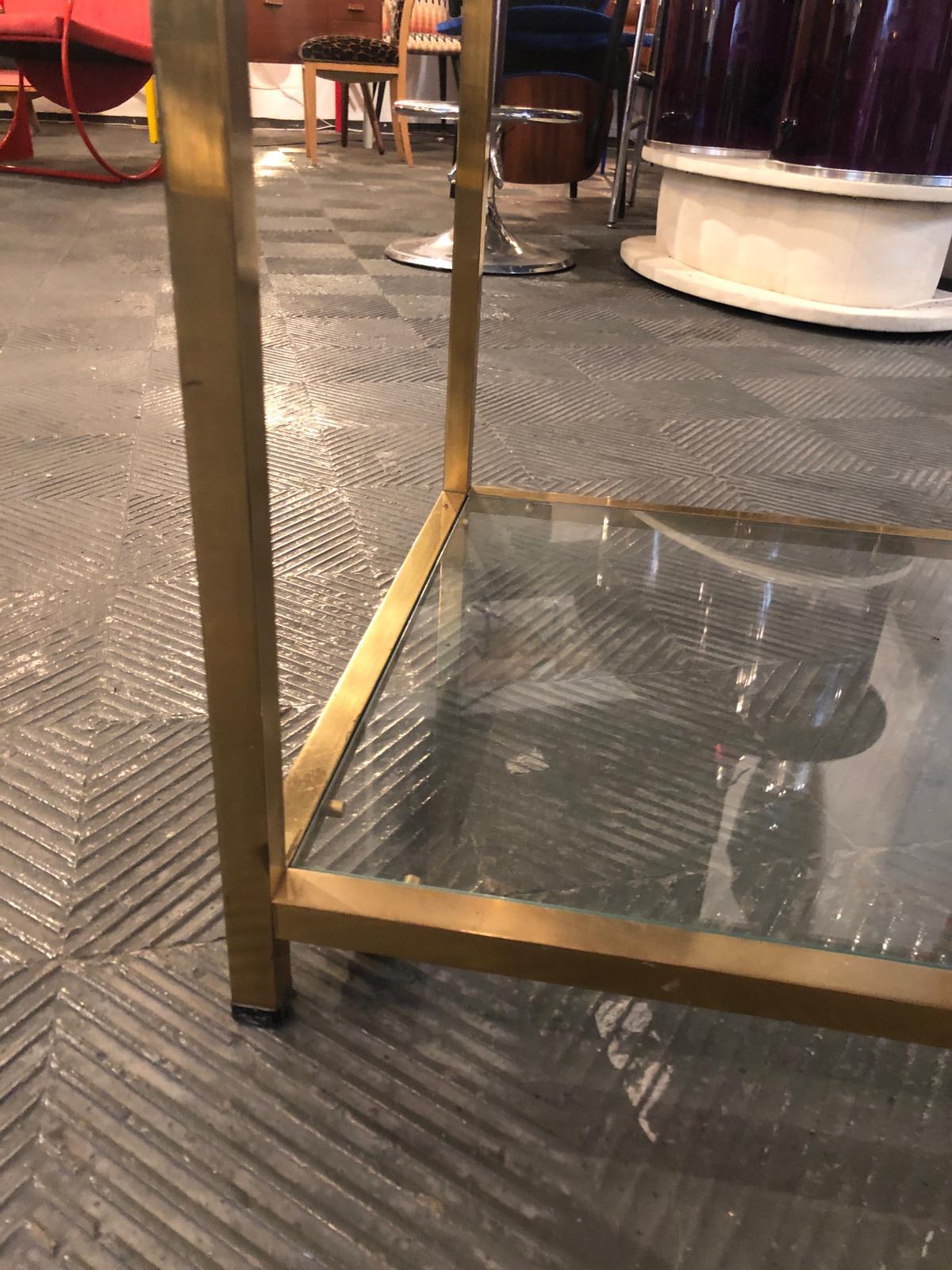 Midcentury Golden Square Brass and Glass Side French Table, France, 1970 1