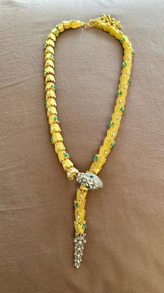 Mid-Century Goldtone Serpent Snake Necklace with Faux Emerald & Diamond Paste