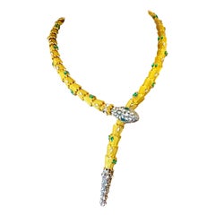 Mid-Century Goldtone Serpent Snake Necklace with Faux Emerald & Diamond Paste