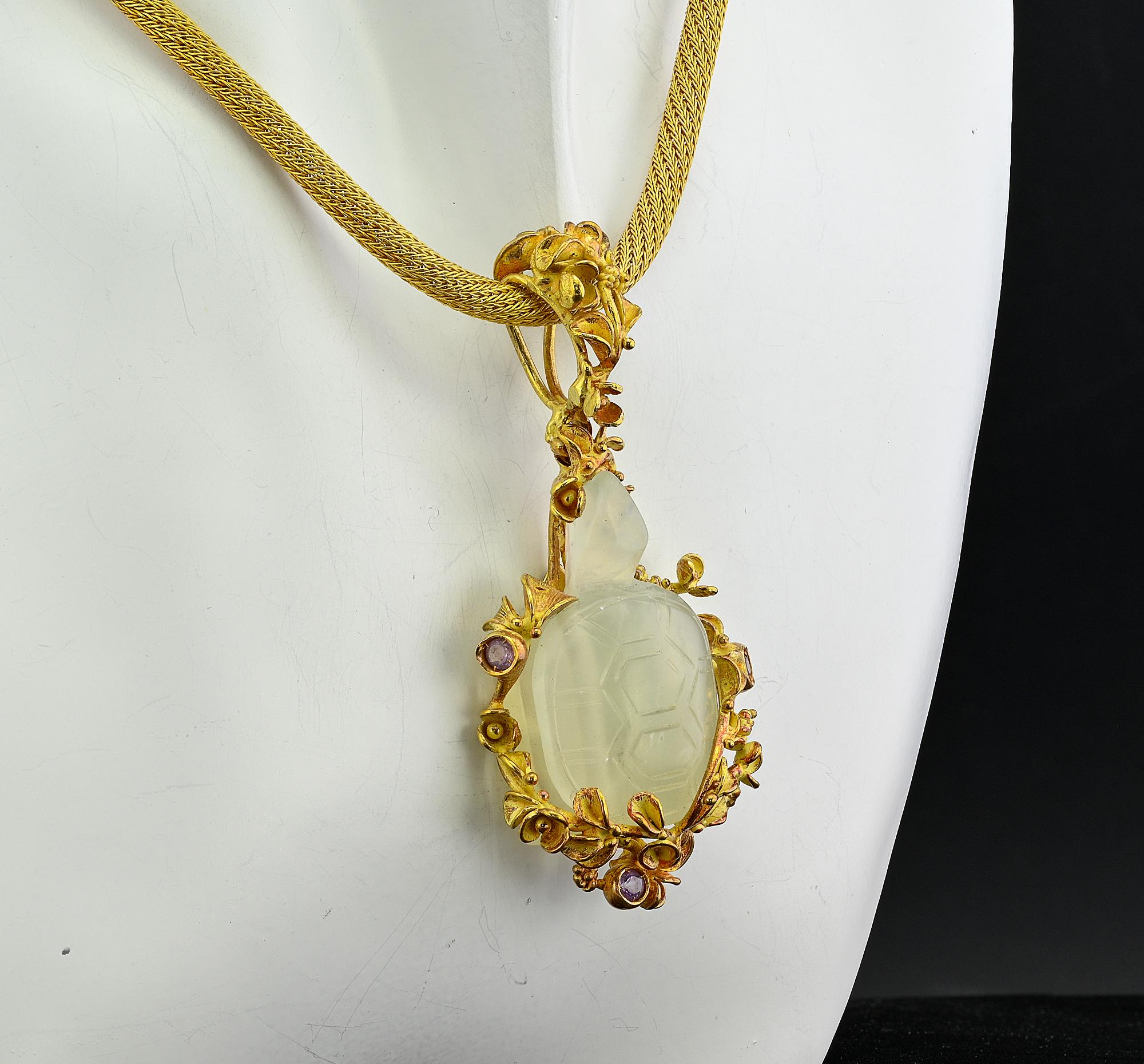 Contemporary Mid century Good Luck Turtle Flower Necklace 18 KT For Sale
