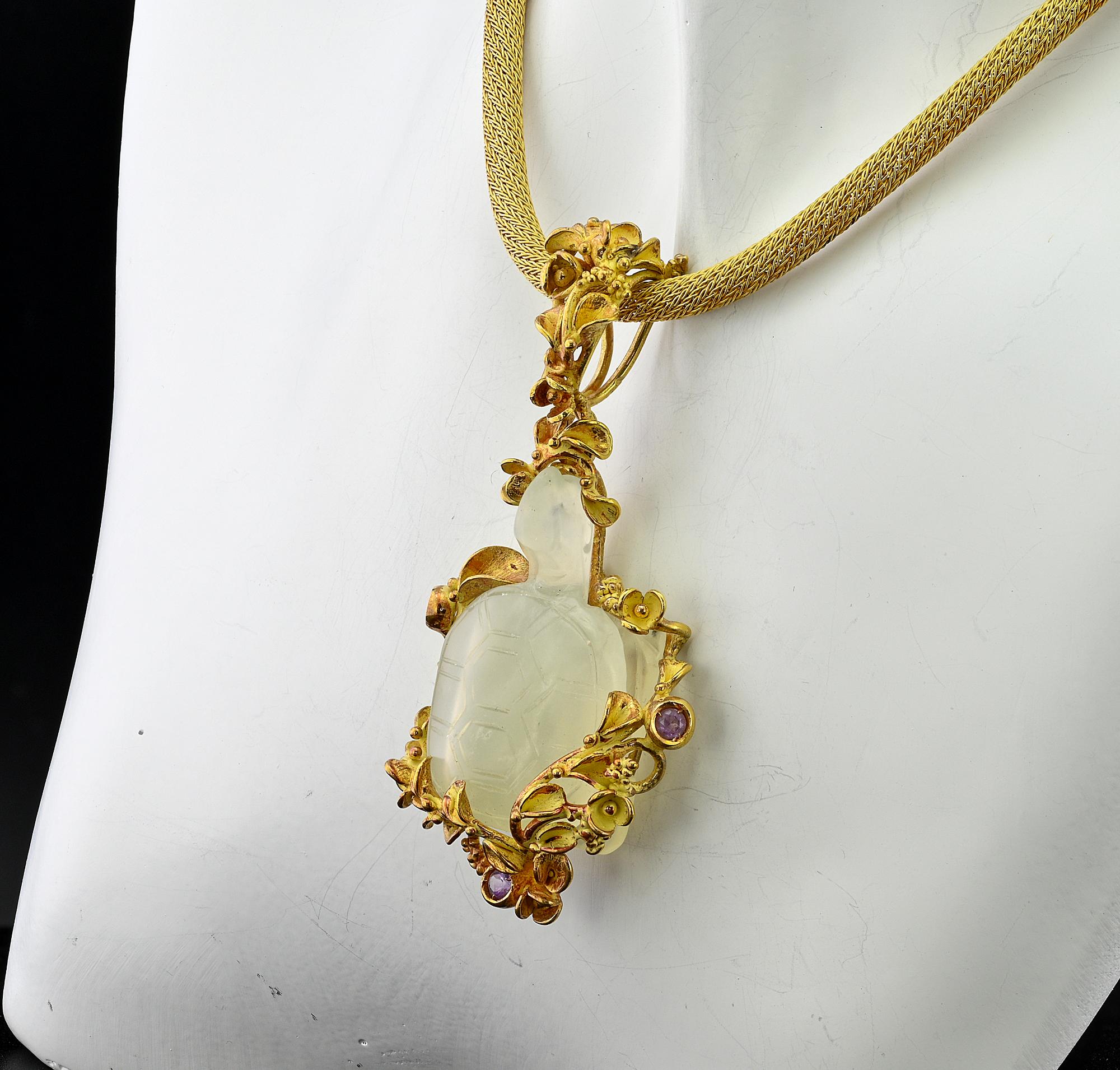 Bead Mid century Good Luck Turtle Flower Necklace 18 KT For Sale