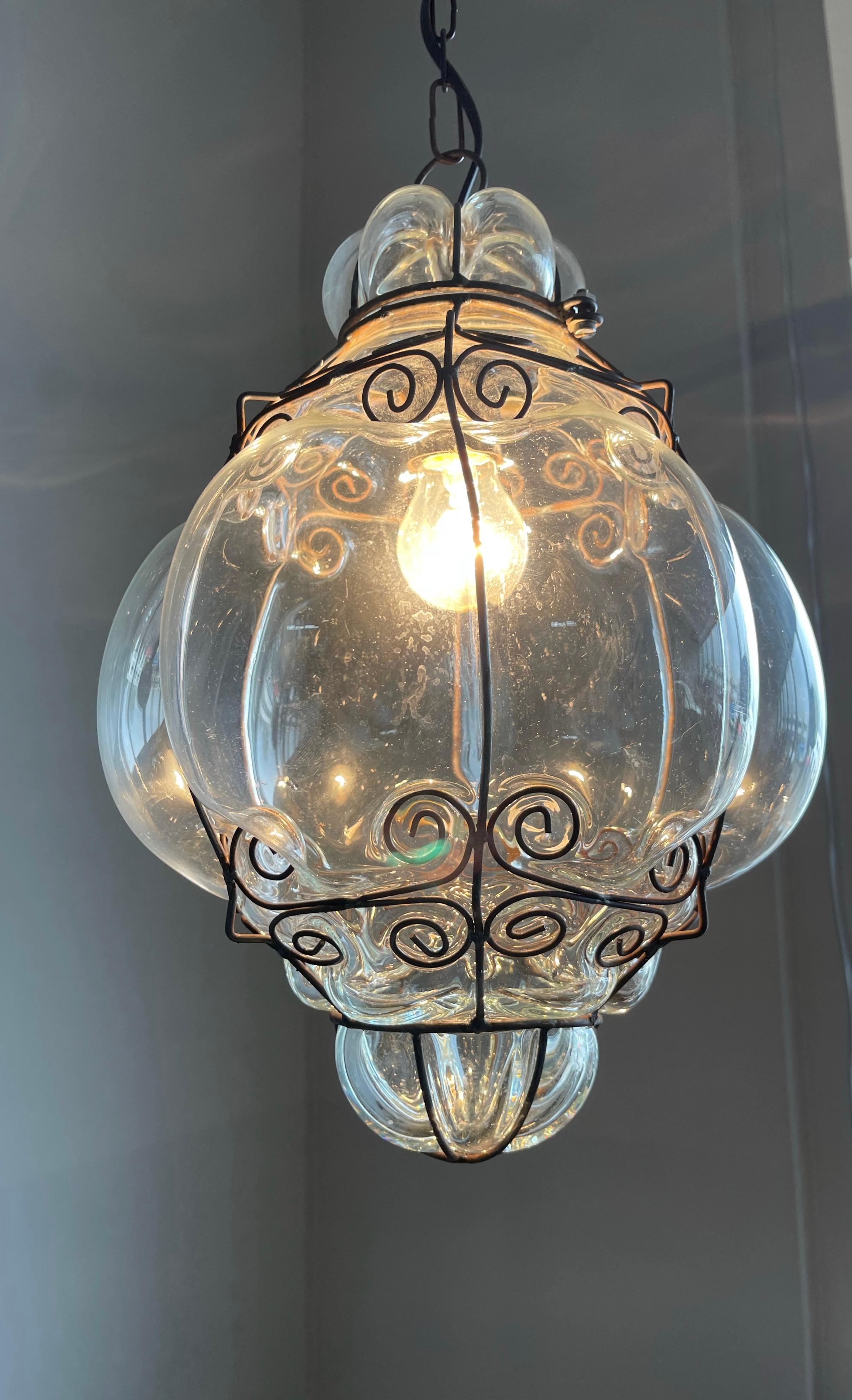 Mid-Century Good Size Venetian Mouth Blown Glass in Metal Frame Pendant Light For Sale 3