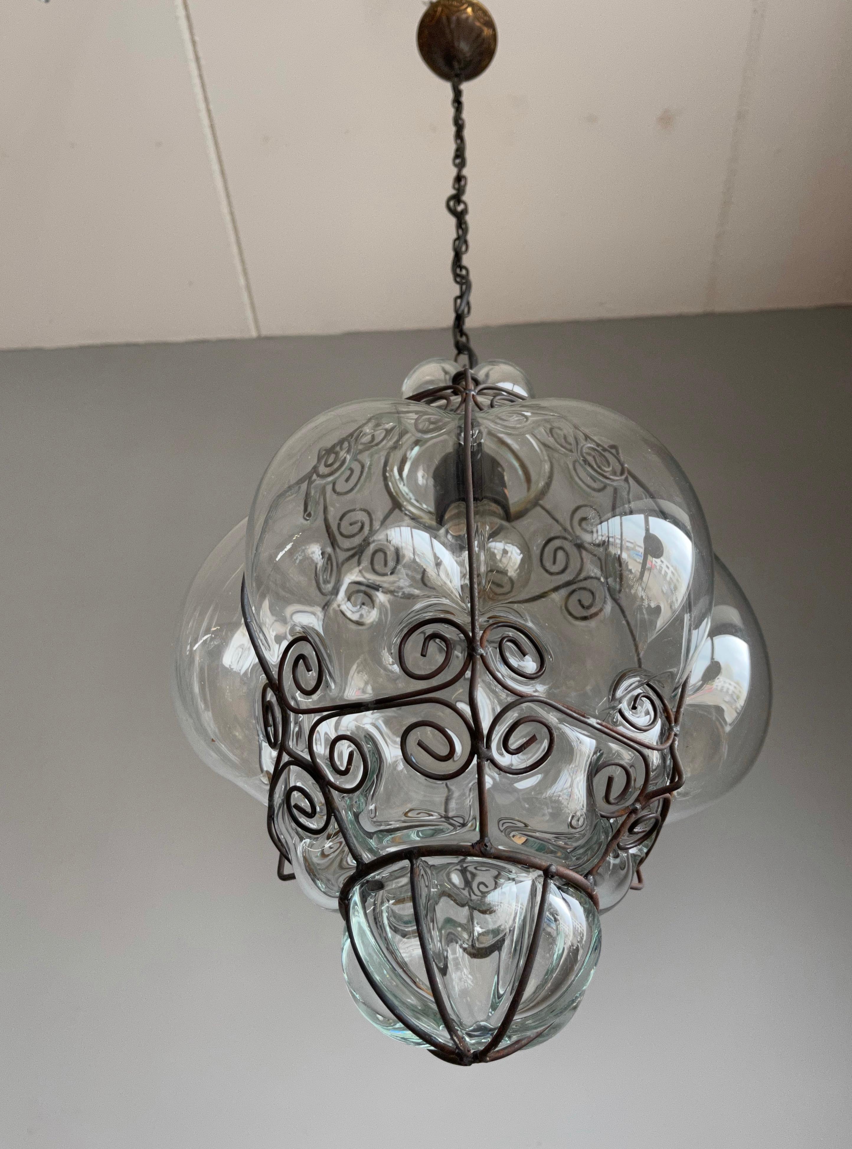 Mid-Century Good Size Venetian Mouth Blown Glass in Metal Frame Pendant Light For Sale 6