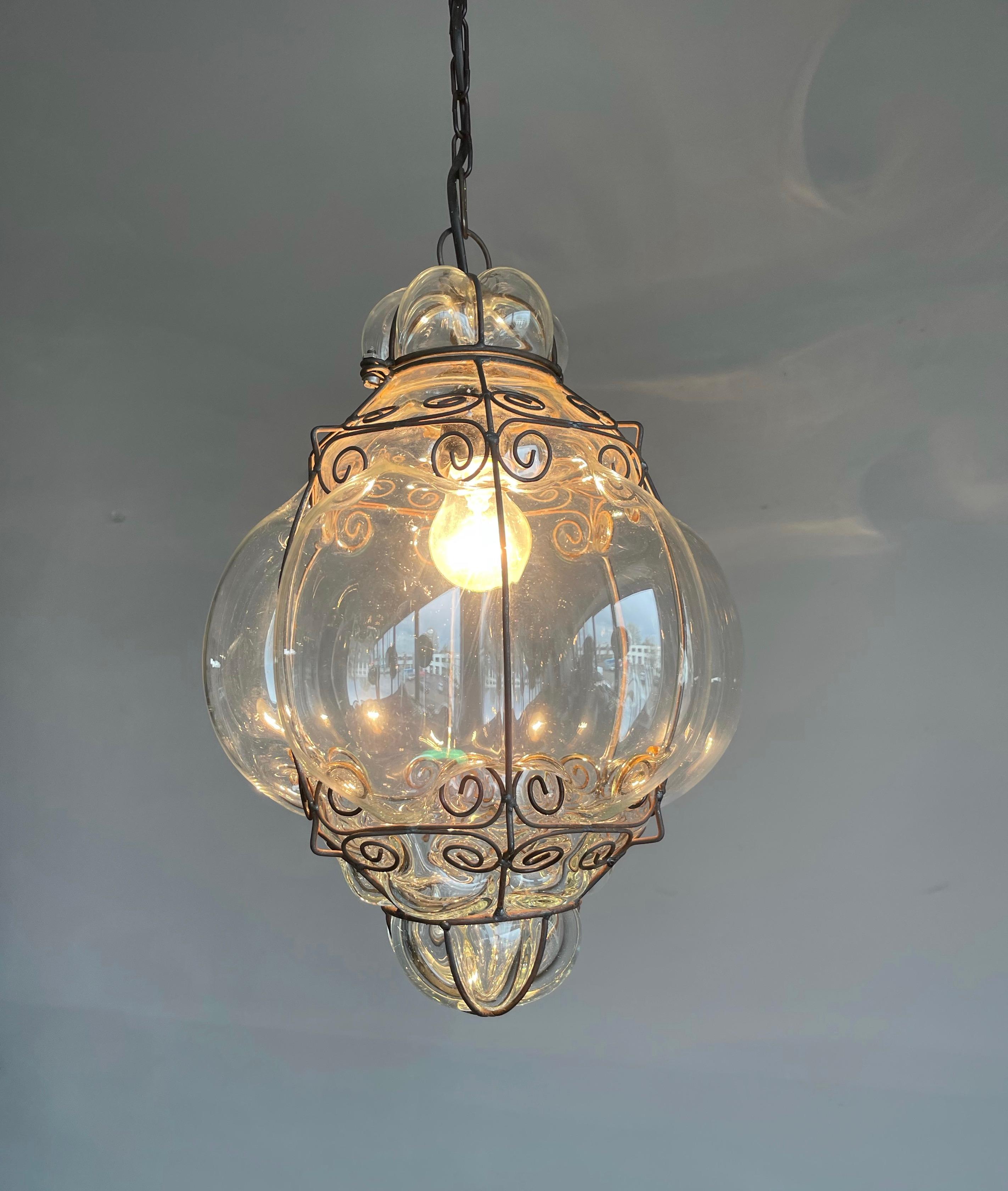Mid-Century Good Size Venetian Mouth Blown Glass in Metal Frame Pendant Light For Sale 7