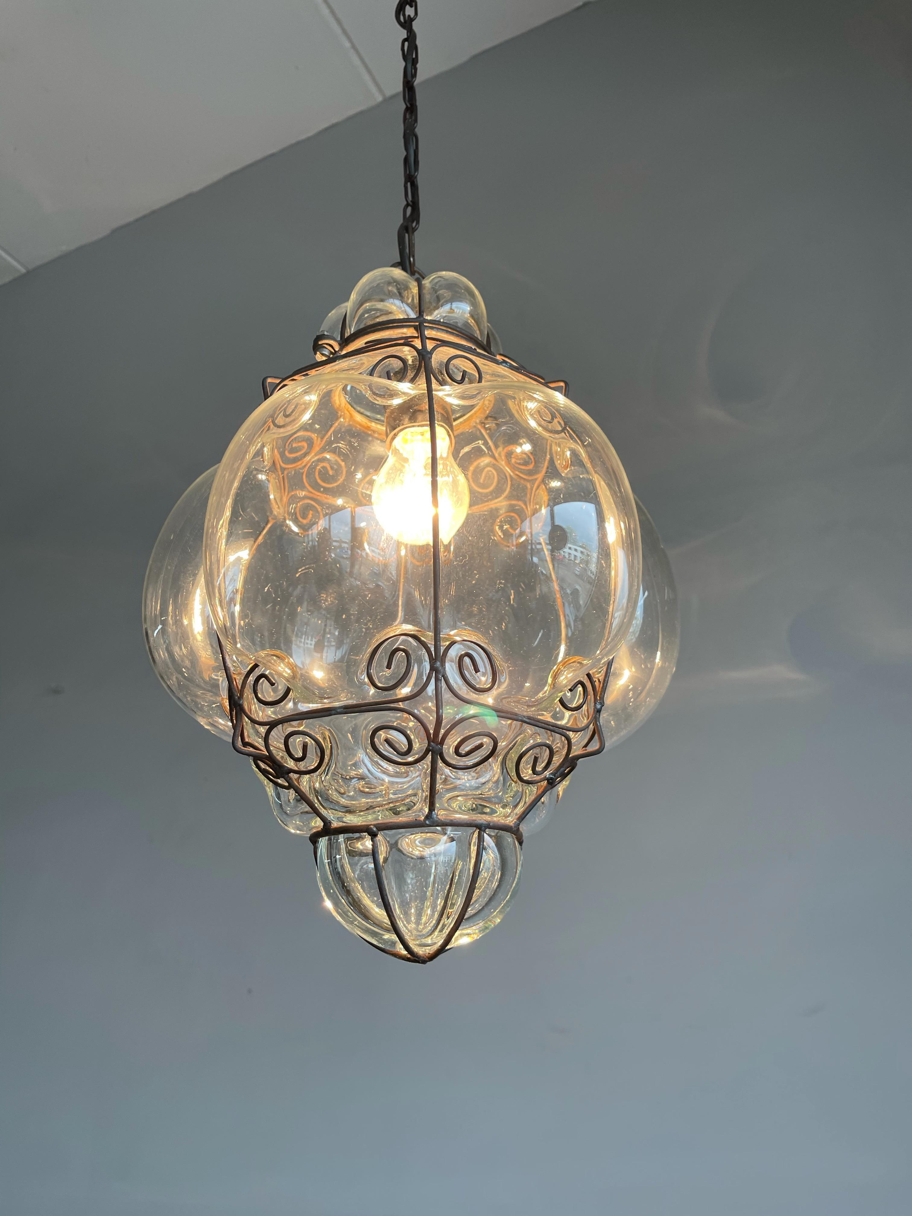 Mid-Century Good Size Venetian Mouth Blown Glass in Metal Frame Pendant Light For Sale 8