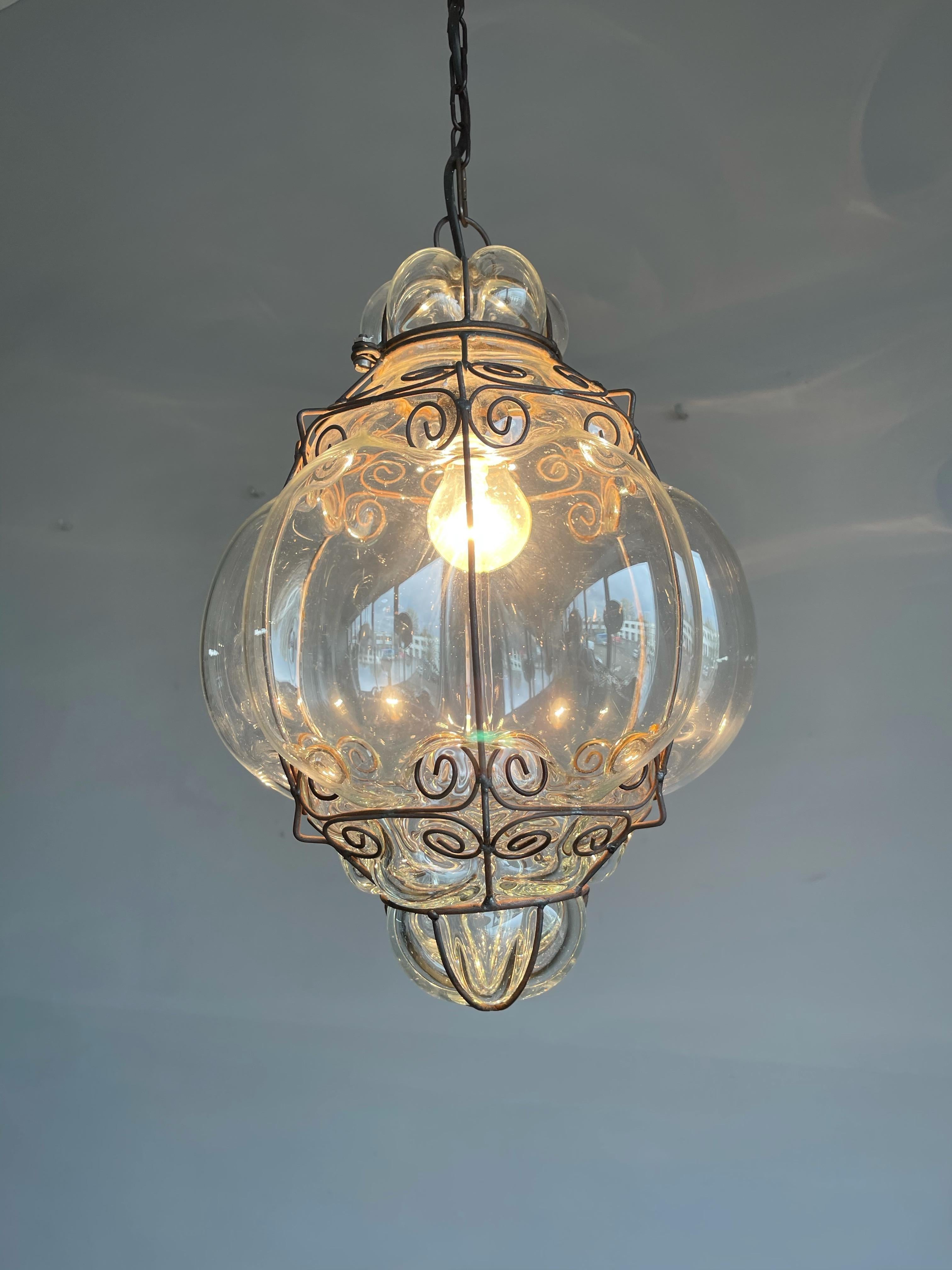 Mid-Century Good Size Venetian Mouth Blown Glass in Metal Frame Pendant Light For Sale 10