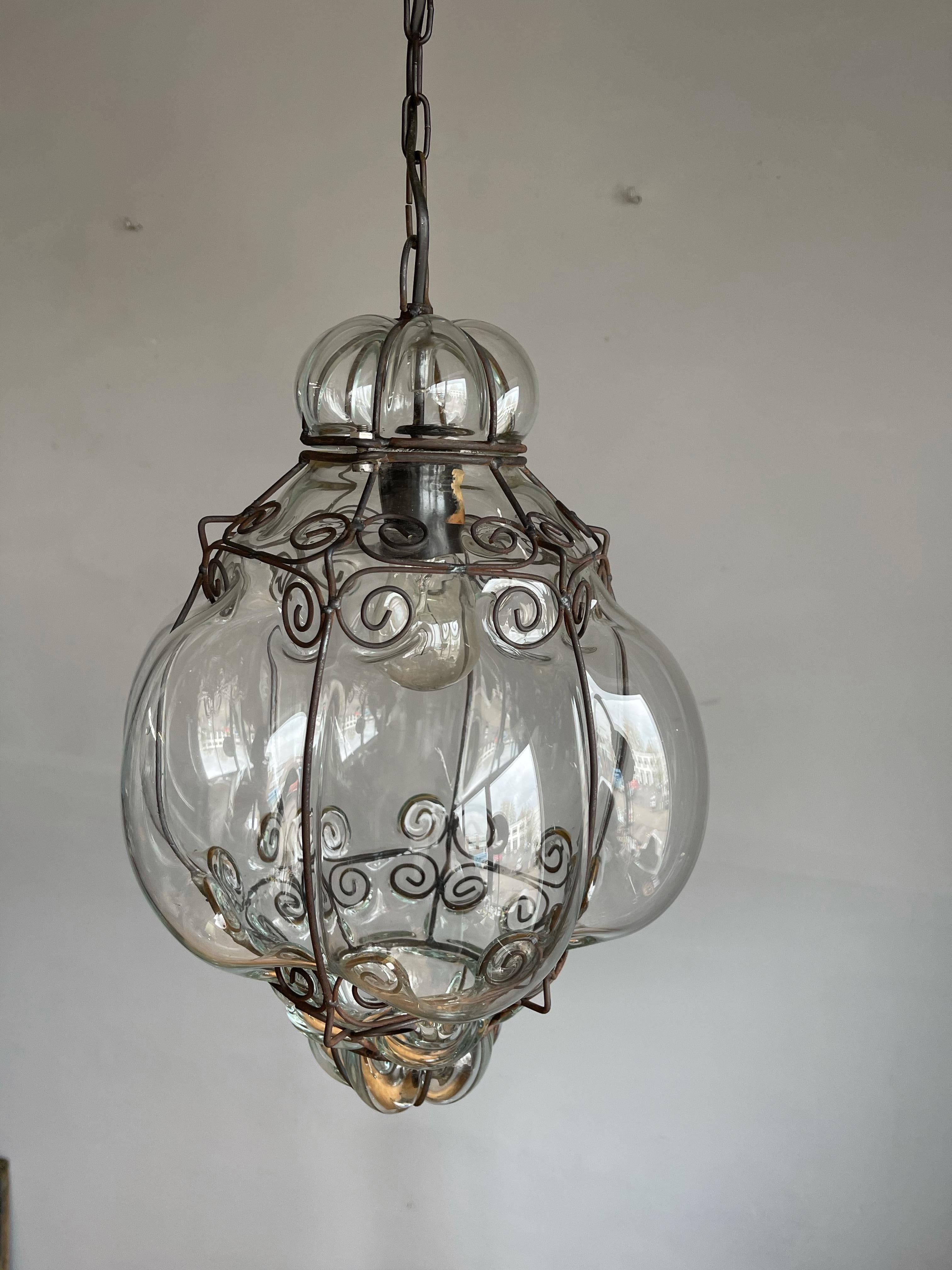 Mid-Century Good Size Venetian Mouth Blown Glass in Metal Frame Pendant Light For Sale 11
