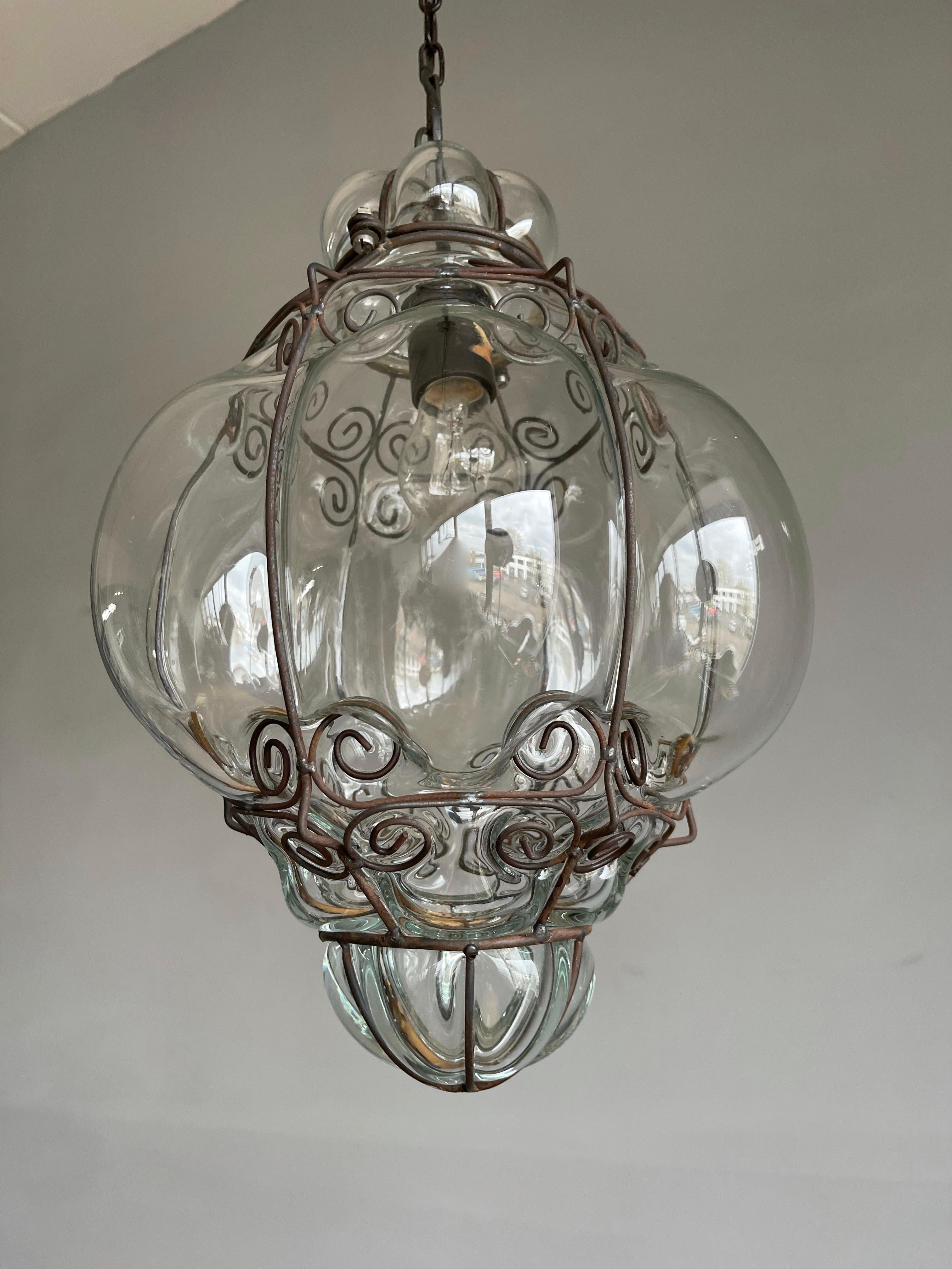 Mid-Century Good Size Venetian Mouth Blown Glass in Metal Frame Pendant Light For Sale 12
