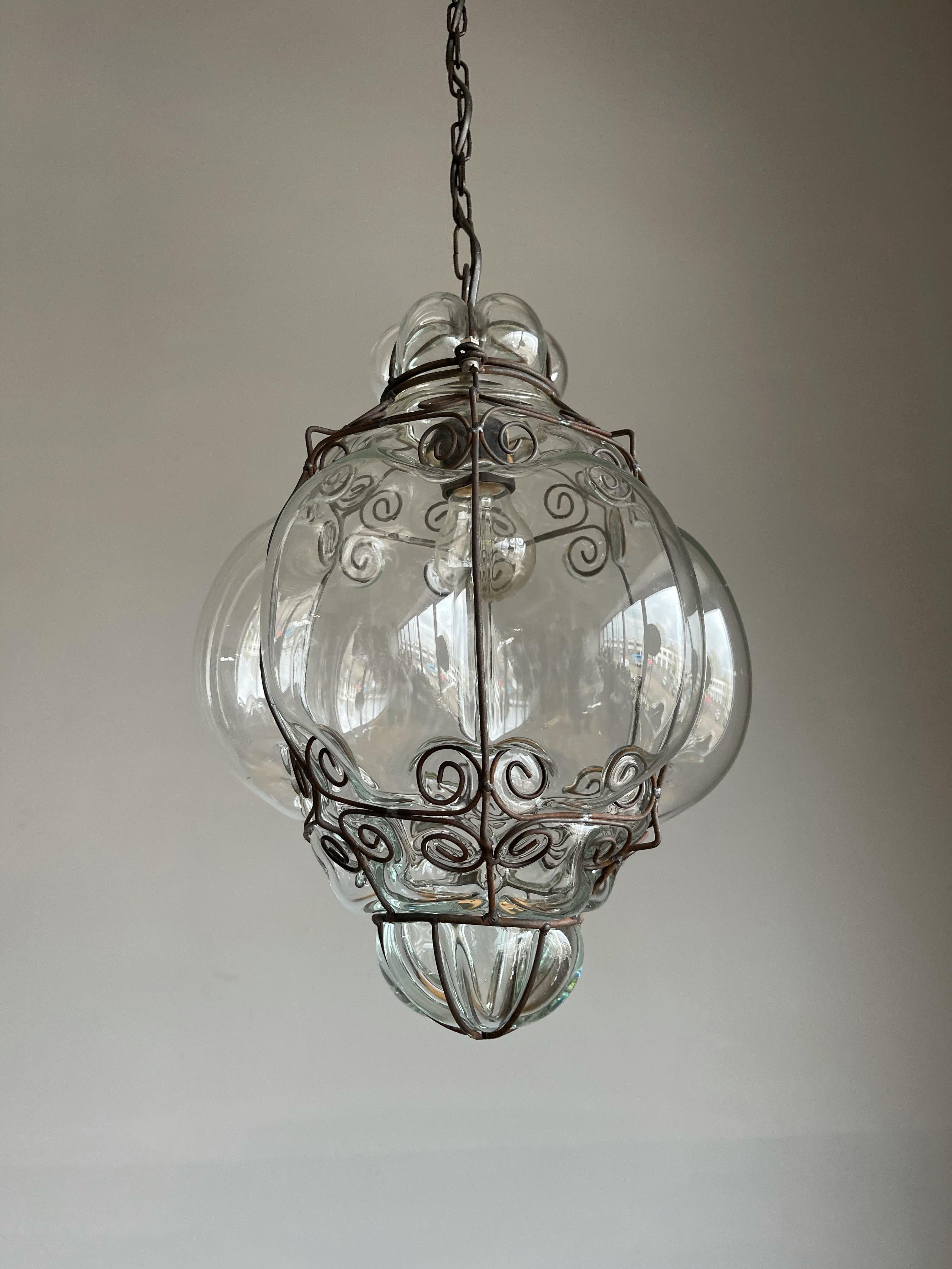 Mid-Century Good Size Venetian Mouth Blown Glass in Metal Frame Pendant Light For Sale 13
