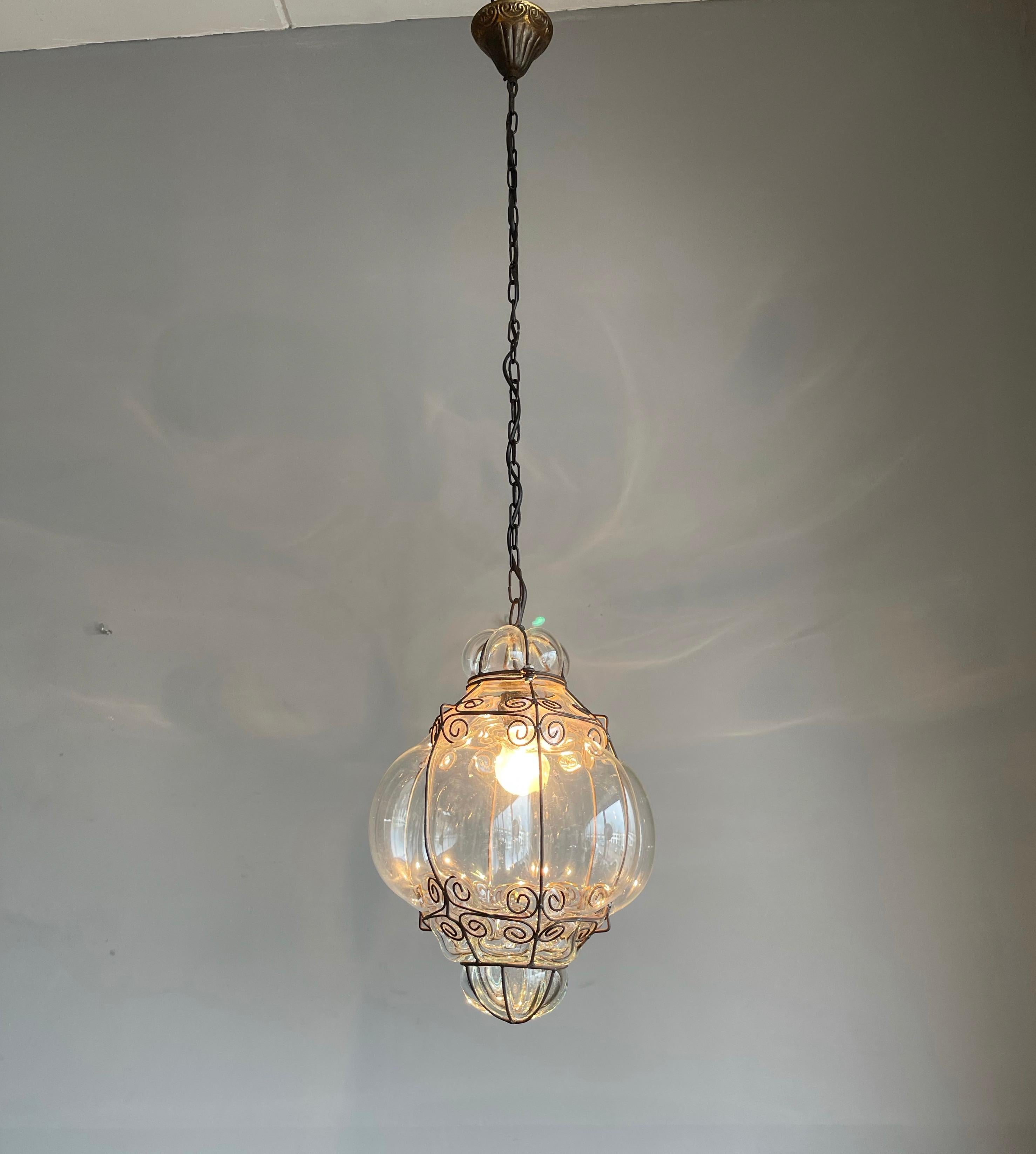 Mid-Century Modern Mid-Century Good Size Venetian Mouth Blown Glass in Metal Frame Pendant Light For Sale