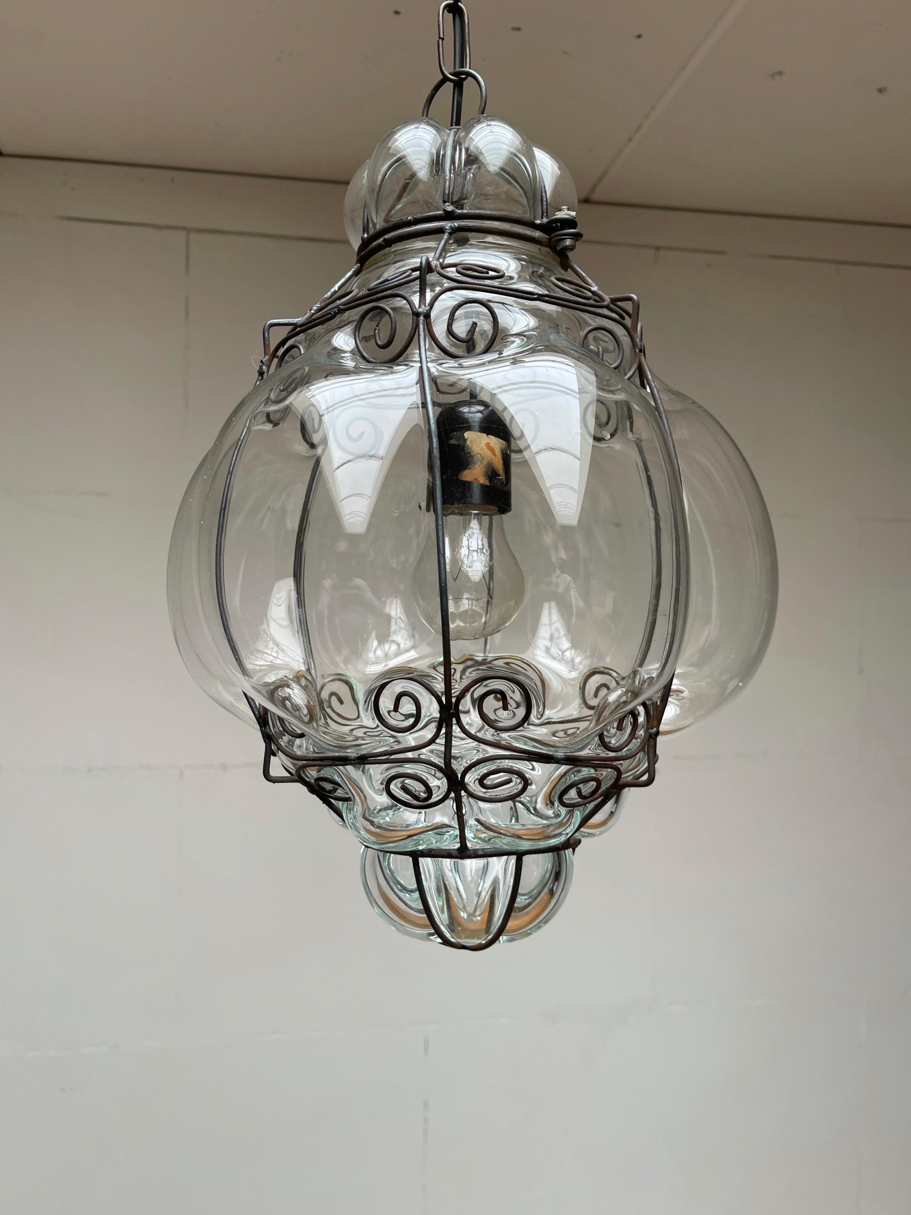 Italian Mid-Century Good Size Venetian Mouth Blown Glass in Metal Frame Pendant Light For Sale